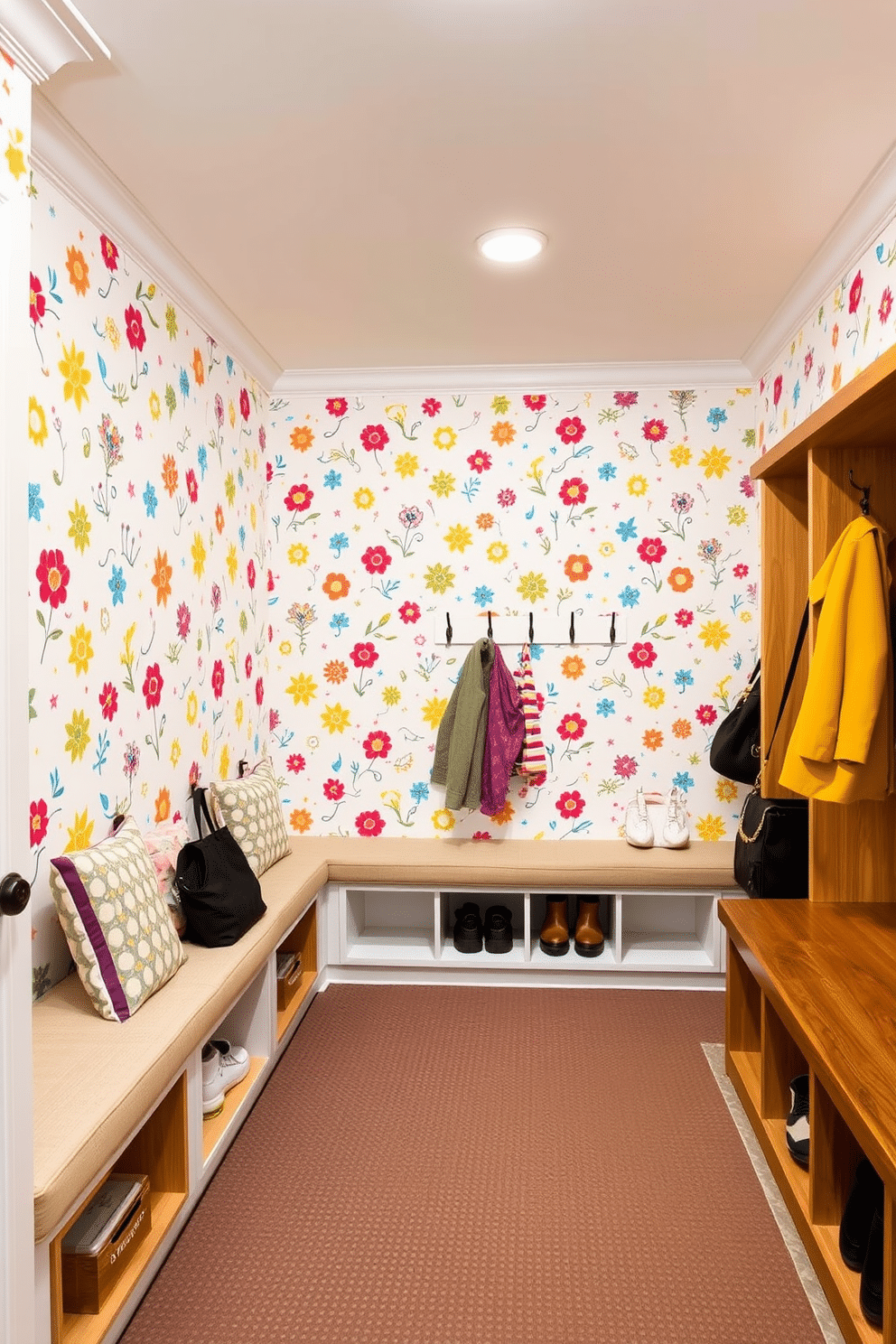 Colorful wallpaper with playful patterns, featuring whimsical designs like flowers and geometric shapes, adorns the walls, creating a vibrant and cheerful atmosphere. The ceiling is painted a soft white to enhance the brightness of the space, while wooden accents in the furniture add warmth and charm. A functional basement mudroom design includes built-in storage benches with cushioned seating, perfect for putting on or taking off shoes. Hooks for coats and bags line the walls, complemented by a durable, textured floor that can withstand heavy foot traffic and moisture.