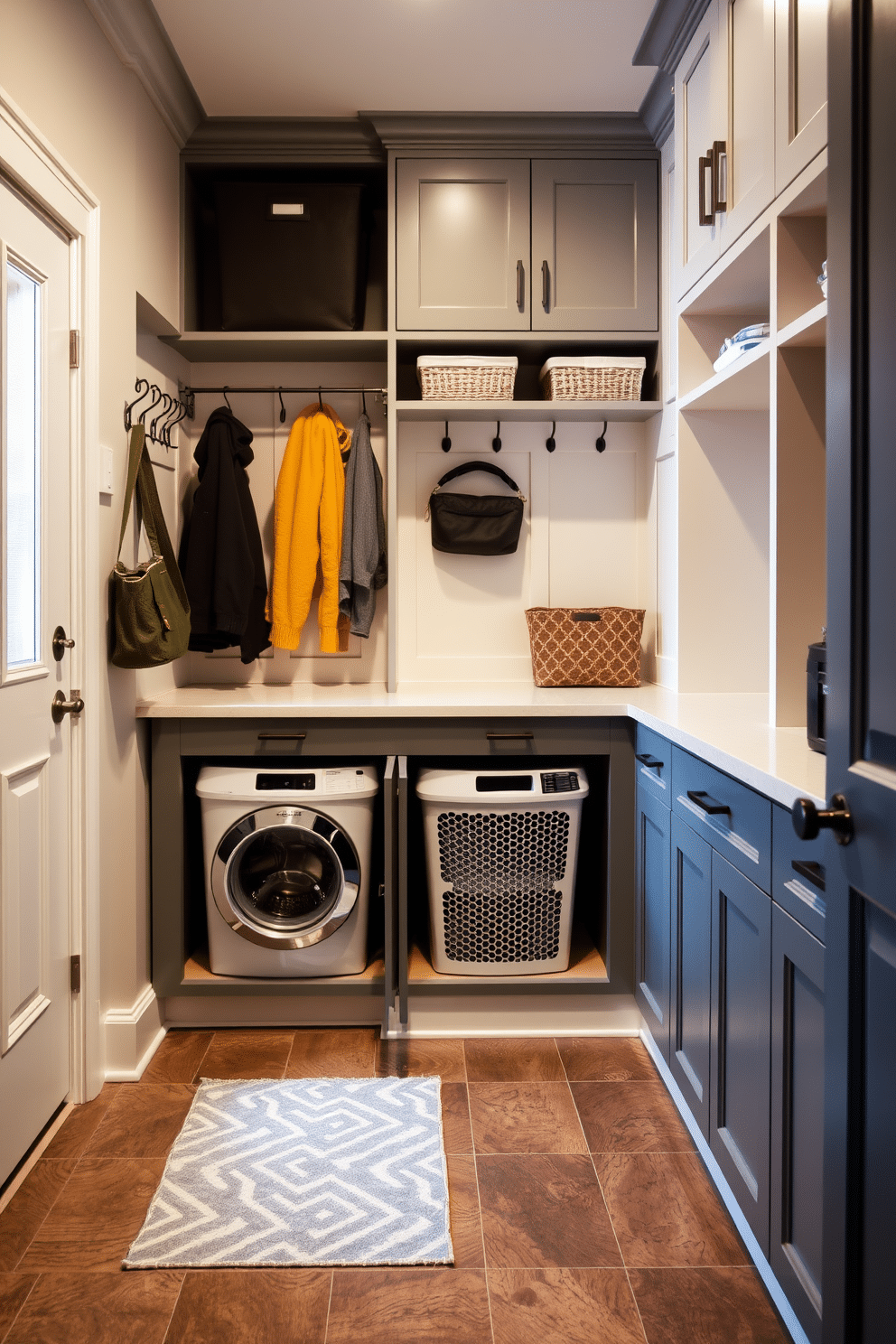 A stylish basement mudroom features built-in hampers seamlessly integrated into custom cabinetry, providing an organized solution for laundry and storage. The space is adorned with durable, easy-to-clean flooring and a combination of hooks and shelves for coats and shoes, creating a functional yet welcoming entryway. Incorporating built-in hampers into the design maximizes space efficiency while maintaining a clean aesthetic. These hampers can be discreetly placed behind cabinet doors, ensuring that laundry is out of sight yet easily accessible when needed.