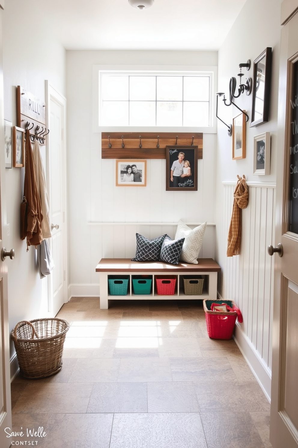 A stylish mudroom designed for a family, featuring personalized hooks for each member, crafted from reclaimed wood with unique finishes. The space is illuminated by natural light streaming through a large window, highlighting a practical bench with storage underneath and colorful baskets for organization. The flooring is a durable, textured tile that withstands moisture and wear, while the walls are painted in a soft, welcoming color. Decorative elements such as framed family photos and a chalkboard for messages add a personal touch, making the mudroom both functional and inviting.