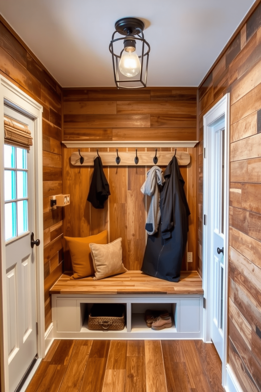 A stylish basement mudroom featuring creative use of reclaimed wood accents. The walls are lined with rustic reclaimed wood panels, creating a warm and inviting atmosphere. In the center, a built-in bench made from reclaimed wood provides a practical seating area, adorned with plush cushions. Above the bench, a series of hooks made from repurposed materials hold coats and bags, while a vintage-style light fixture adds charm to the space.