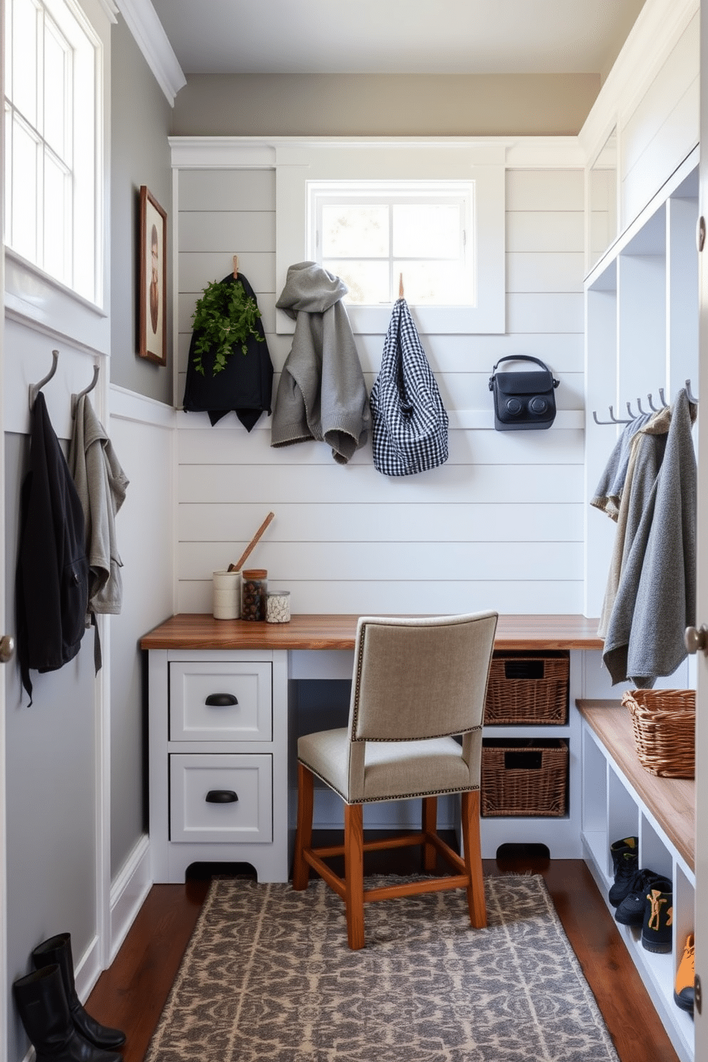 A cozy mudroom featuring a small desk area. The desk is crafted from reclaimed wood, paired with a comfortable, upholstered chair, and is positioned near a window that allows natural light to flood the space. The walls are painted in a soft gray, complemented by white shiplap accents. Built-in cubbies with hooks for coats and baskets for shoes line one side, while a durable, patterned rug adds warmth underfoot.