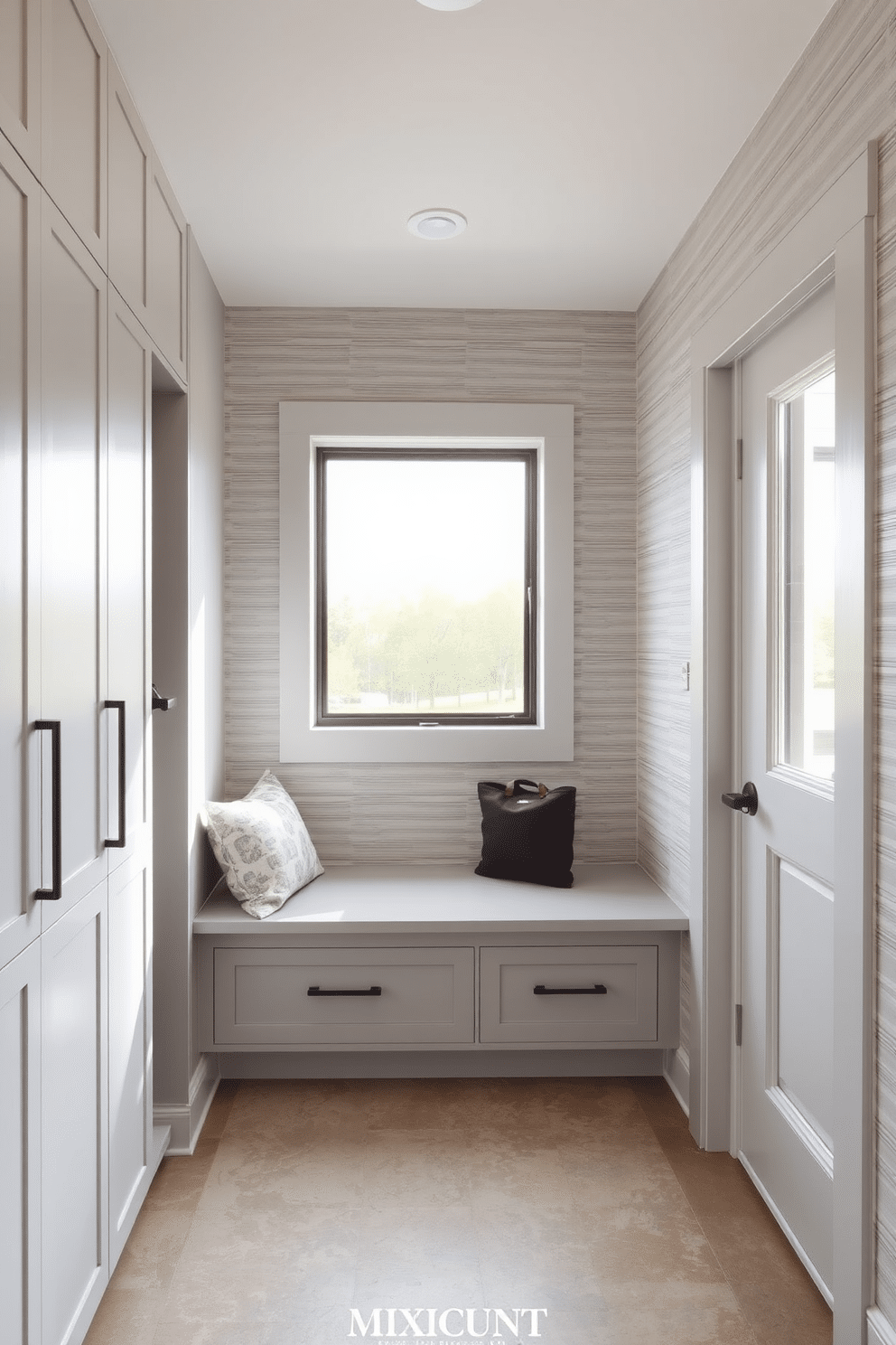 A contemporary mudroom design featuring sleek lines and a minimalist aesthetic. The space includes a built-in bench with storage underneath, surrounded by custom cabinetry in a soft gray finish. The walls are adorned with a textured wallpaper in a neutral tone, adding depth to the area. A large window allows natural light to flood in, illuminating the space and highlighting the polished concrete floor.