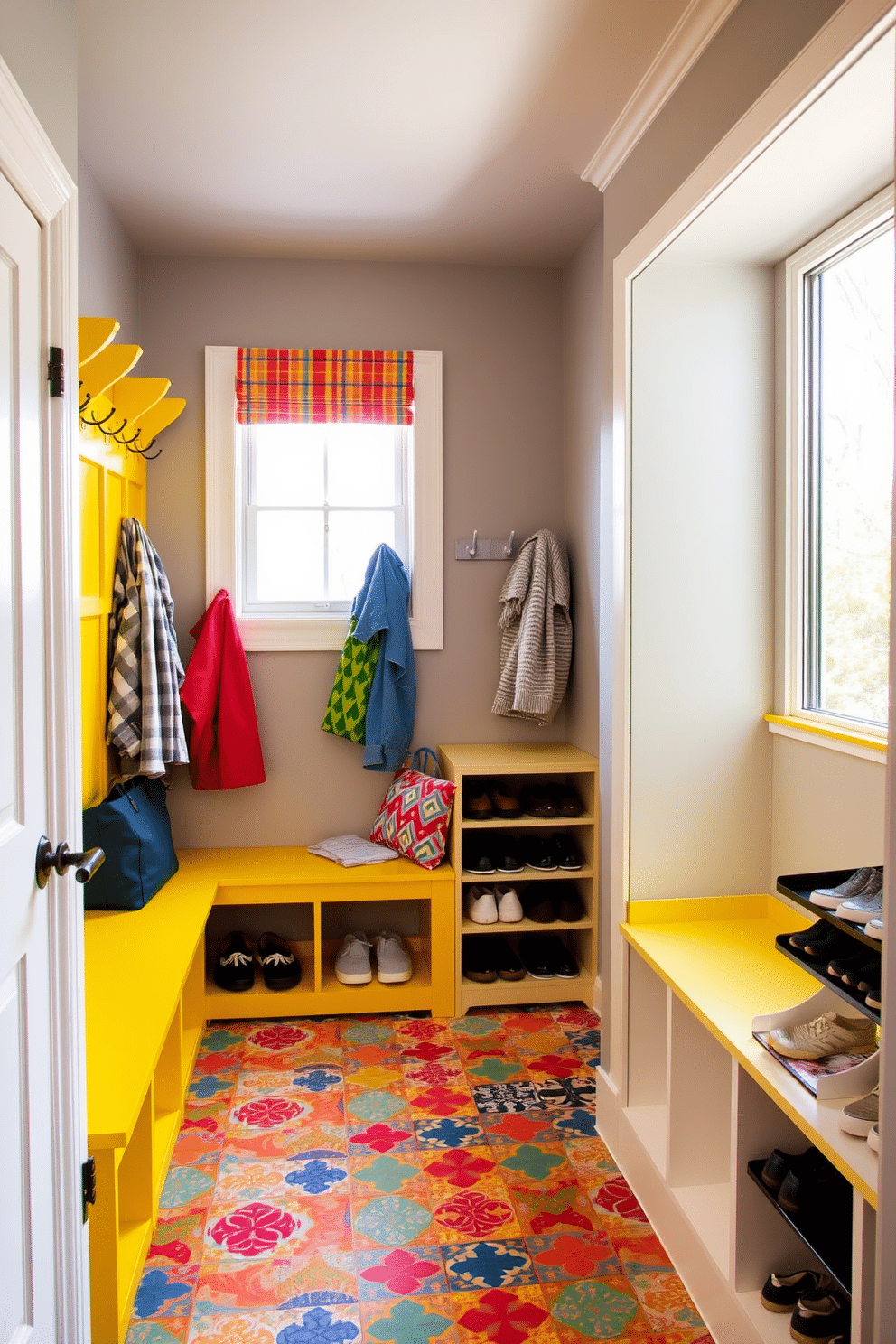 A vibrant mudroom featuring bright accent colors, with a cheerful yellow bench and hooks for coats lining the walls. The floor is adorned with colorful, patterned tiles, and a large window allows natural light to flood the space, enhancing the lively atmosphere. In the basement, the mudroom incorporates functional storage solutions, including built-in cubbies and a sleek, modern shoe rack. The walls are painted a soft gray, providing a neutral backdrop that contrasts beautifully with the bold accent colors throughout the room.