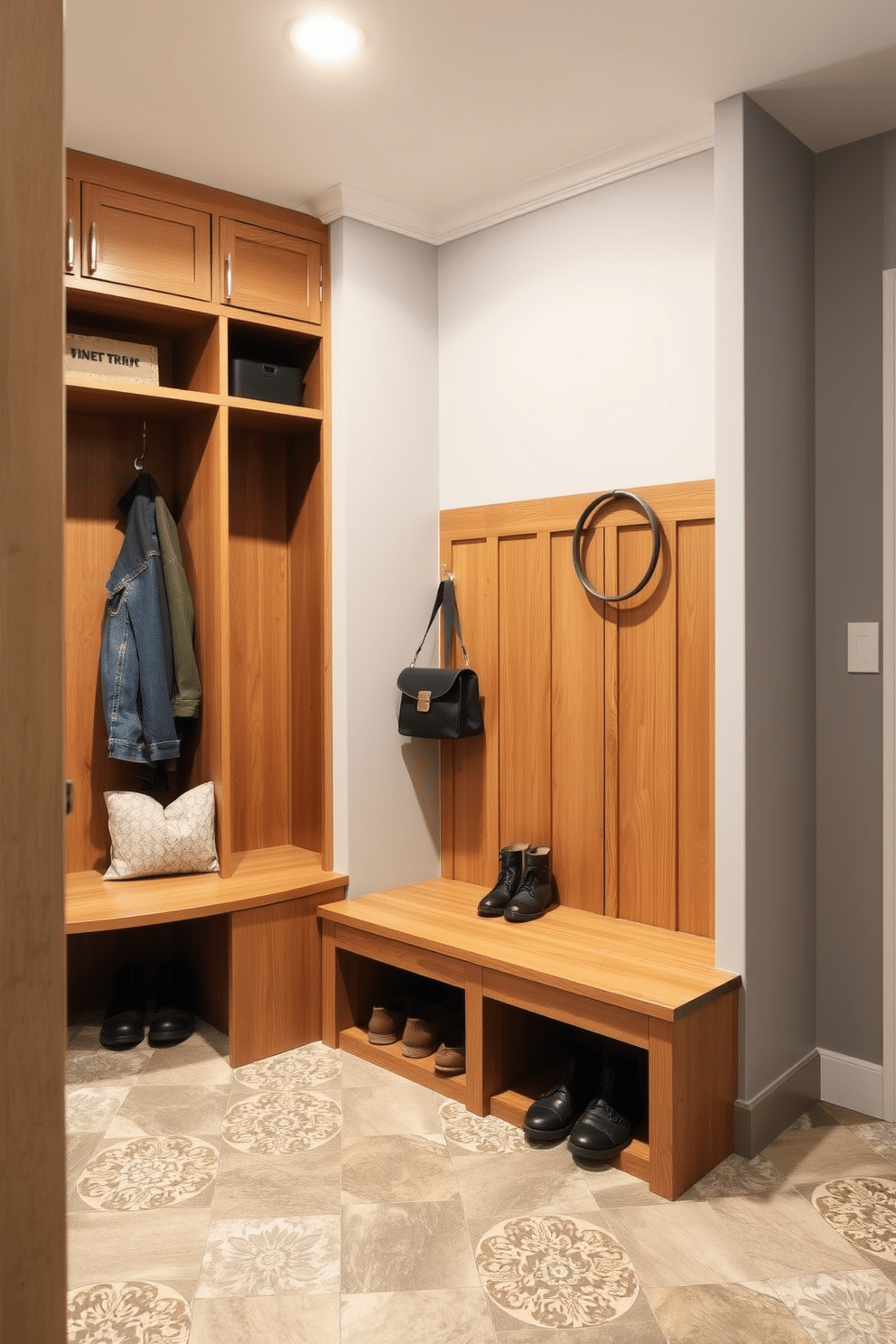 A modern mudroom integrated into a basement entryway features built-in storage benches and cubbies for shoes and coats, all crafted from warm oak wood. The walls are painted in a soft gray, complemented by a durable, patterned tile floor that adds a touch of elegance while ensuring easy maintenance.