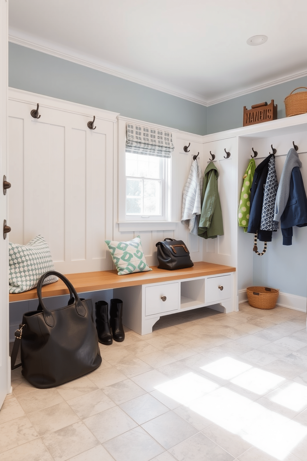 A stylish mudroom featuring durable tile flooring that is easy to clean. The space includes built-in storage benches with hooks above for coats and bags, complemented by a cheerful color palette of soft blues and whites.