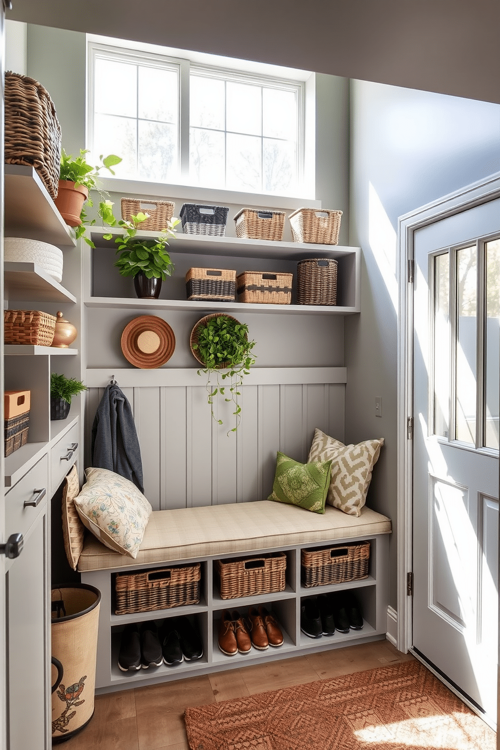 A cozy basement mudroom features open shelves lined with decorative baskets and potted plants, providing both storage and style. The walls are painted a soft gray, and a bench with built-in shoe storage sits beneath a large window, allowing natural light to brighten the space.