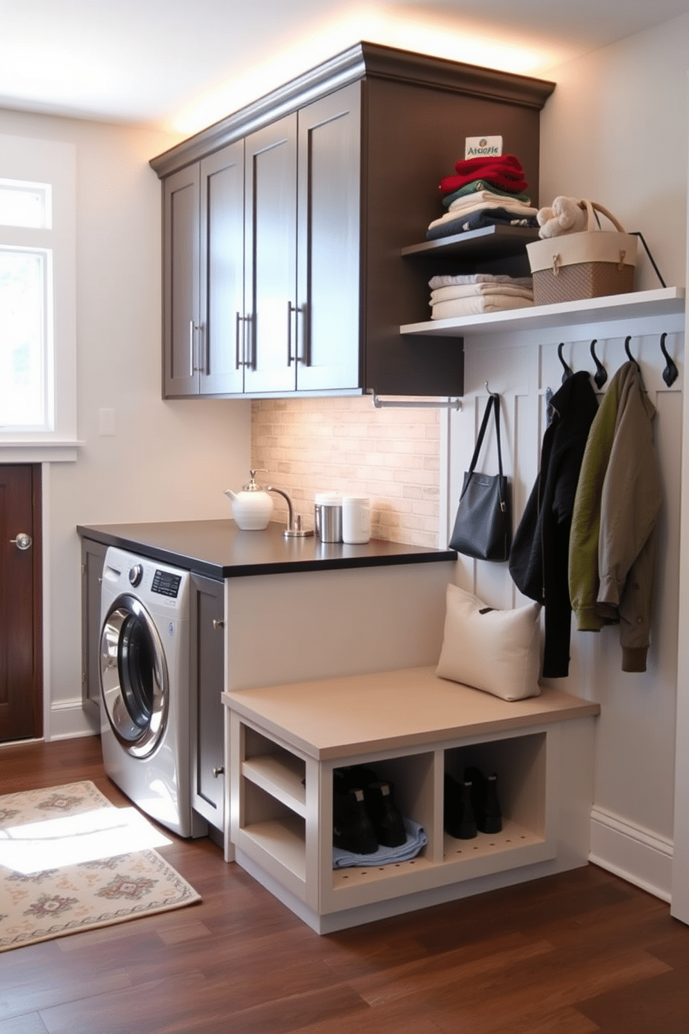 A functional laundry area seamlessly integrated into the living space features a sleek countertop for folding clothes, with upper cabinets providing ample storage for detergents and supplies. The space is adorned with soft, ambient lighting and a stylish backsplash that complements the overall decor. The basement mudroom design includes a built-in bench with storage for shoes and bags, surrounded by hooks for coats and accessories. Natural light floods the area through a window, and the flooring is durable and easy to clean, perfect for a high-traffic entry point.