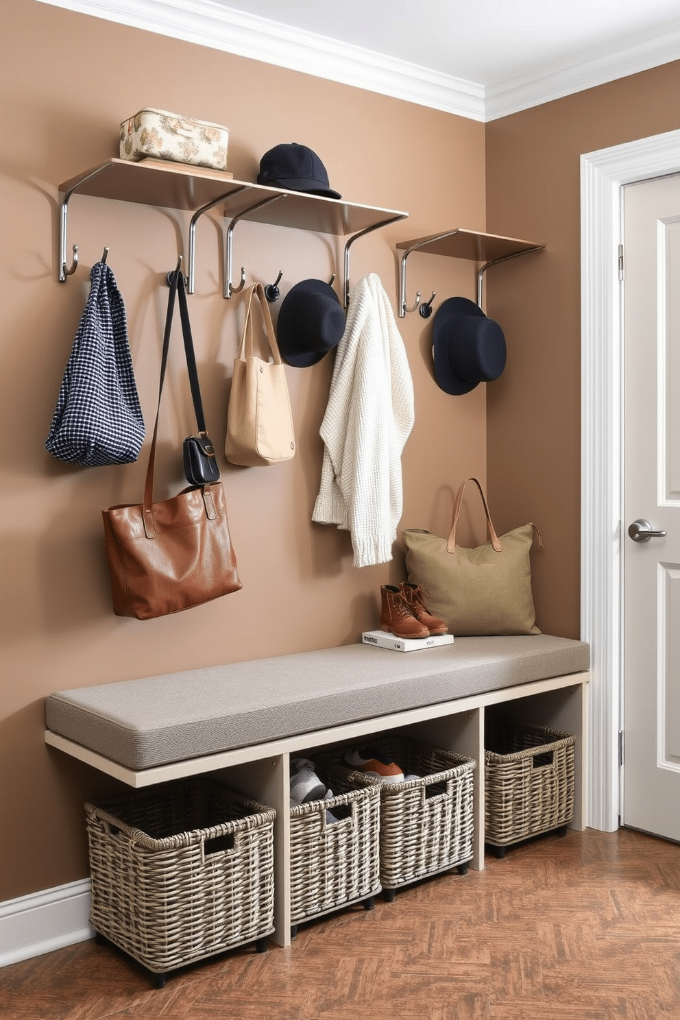 A stylish mudroom with wall-mounted coat racks designed to save space. The racks are made of sleek metal and feature hooks for coats, bags, and hats, while a built-in bench below provides a comfortable spot for putting on shoes. The walls are painted in a warm taupe color, complemented by a durable, textured flooring that can withstand heavy foot traffic. Large baskets are placed under the bench for easy storage of shoes and outdoor gear, enhancing the room’s functionality and organization.