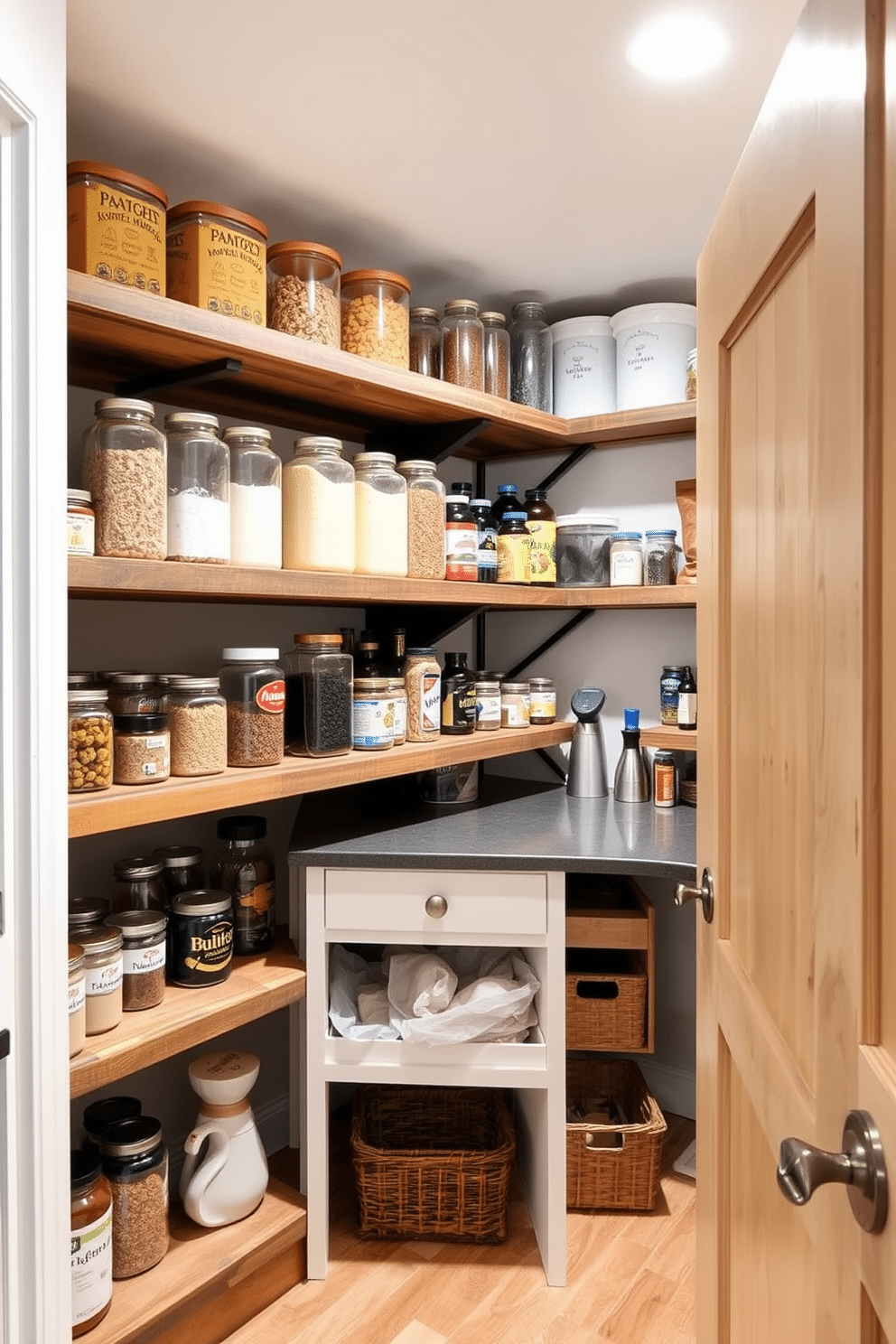 A functional basement pantry featuring open shelving for easy access storage. The shelves are made of reclaimed wood, neatly organized with jars of dry goods, spices, and canned items, while a small countertop area provides space for meal prep and additional storage.