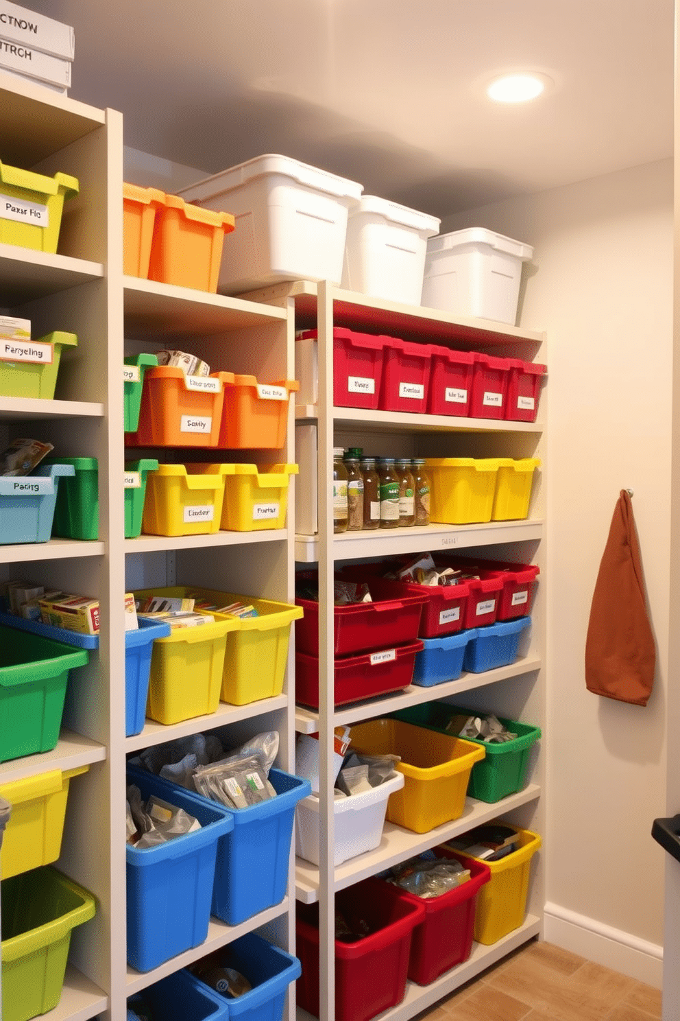 A functional basement pantry featuring a variety of color-coded bins for easy categorization. The bins are neatly arranged on open shelving, with labels indicating contents, while the walls are painted in a light, airy color to enhance visibility.