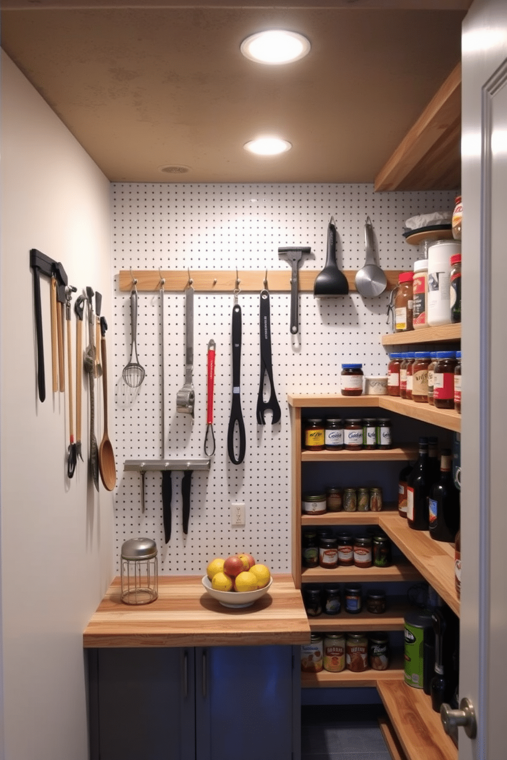 A functional basement pantry featuring a pegboard wall for hanging tools and kitchen utensils. The space is illuminated by soft LED lighting, creating an inviting atmosphere for food storage and organization. The pantry includes open shelving made of reclaimed wood, providing ample space for jars and canned goods. A small countertop area is designed for meal prep, with a decorative fruit bowl adding a pop of color.