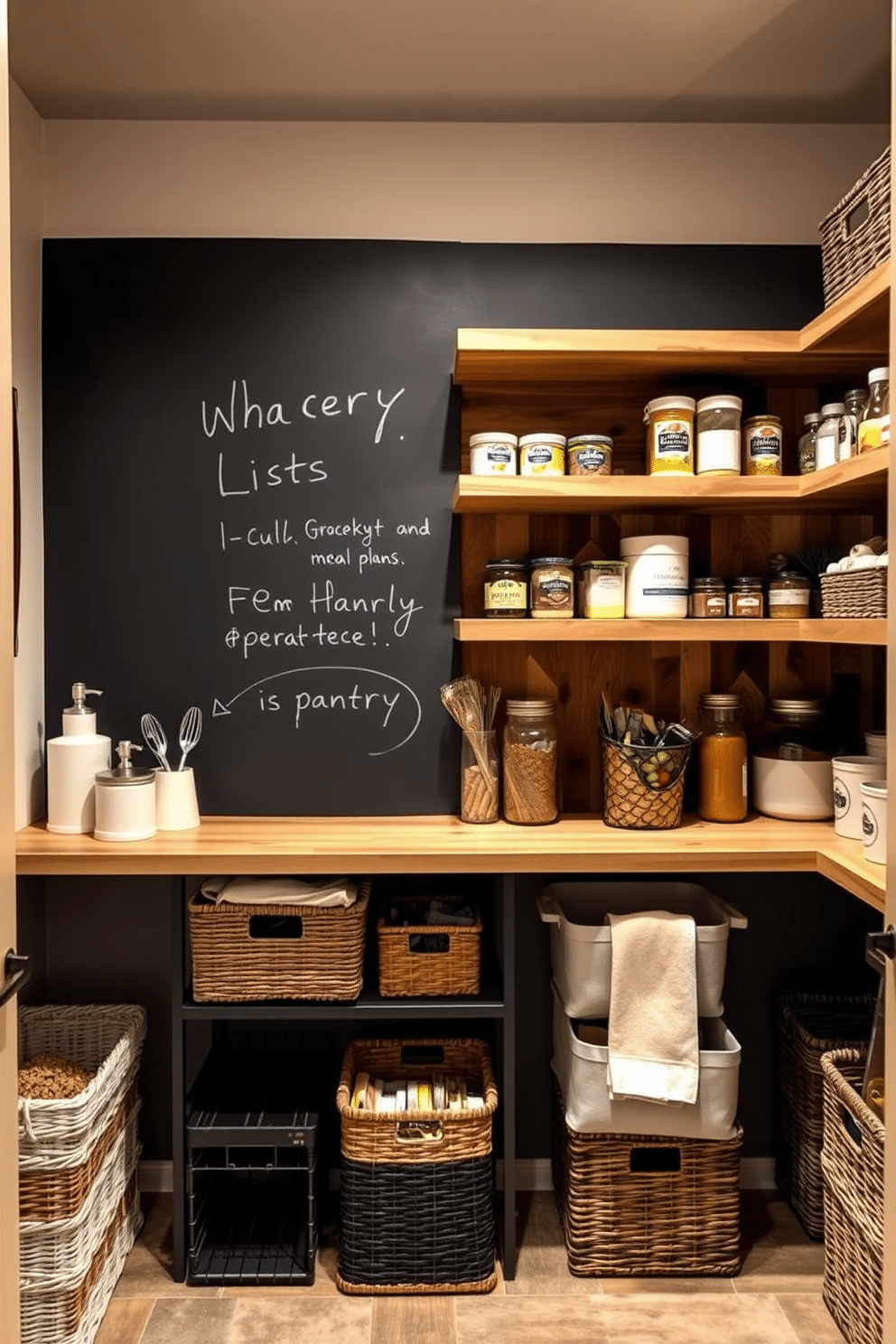 A stylish basement pantry designed for functionality and organization. The space features a large chalkboard wall for writing grocery lists and meal plans, complemented by open shelving made of reclaimed wood for easy access to pantry staples. Soft, warm lighting illuminates the area, creating an inviting atmosphere. A mix of storage bins and baskets adds texture and helps keep the pantry tidy while maintaining a cohesive aesthetic.