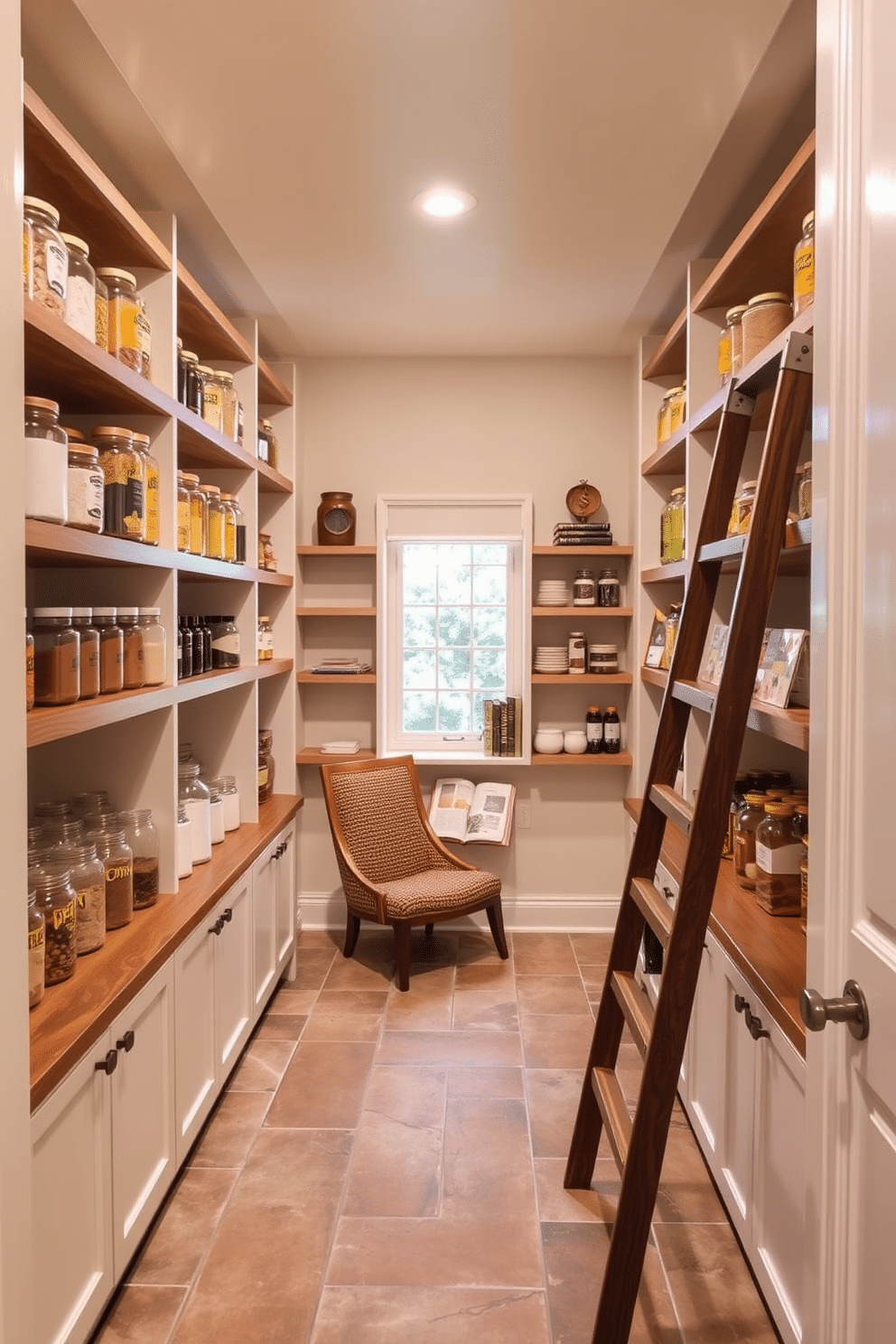 A stylish basement pantry featuring a sleek ladder for easy access to high shelves. The walls are painted in a soft cream color, and open shelving displays neatly organized jars and containers filled with dry goods. The floor is tiled with a rustic ceramic that complements the wooden accents throughout the space. A cozy reading nook is included, with a small chair and a window that allows natural light to filter in, creating an inviting atmosphere.