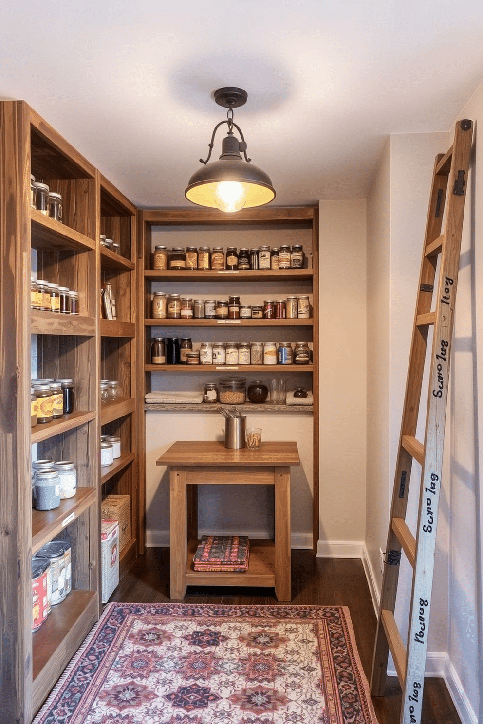 A cozy basement pantry featuring custom shelving made from reclaimed wood, with jars of spices and canned goods neatly organized. A stylish pendant light hangs from the ceiling, illuminating the space with a warm glow, while a small wooden table provides additional prep space. The walls are painted in a soft, neutral tone to create an inviting atmosphere, complemented by a patterned rug that adds a touch of color. A vintage ladder leans against one wall, providing access to higher shelves and adding rustic charm to the design.