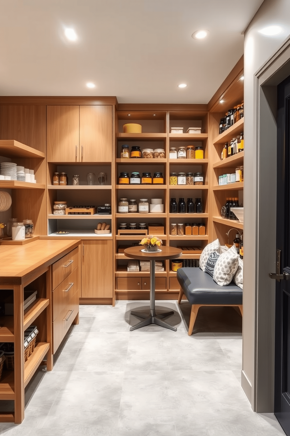 A spacious pantry island designed for functionality and style. The island features a sleek wooden countertop with ample storage beneath, complemented by open shelving on one side for easy access to frequently used items. In the basement, the pantry is illuminated with soft, recessed lighting that highlights the organized shelves filled with jars and containers. A cozy seating nook with a small table is integrated into the design, providing a perfect spot for quick snacks or meal prep.