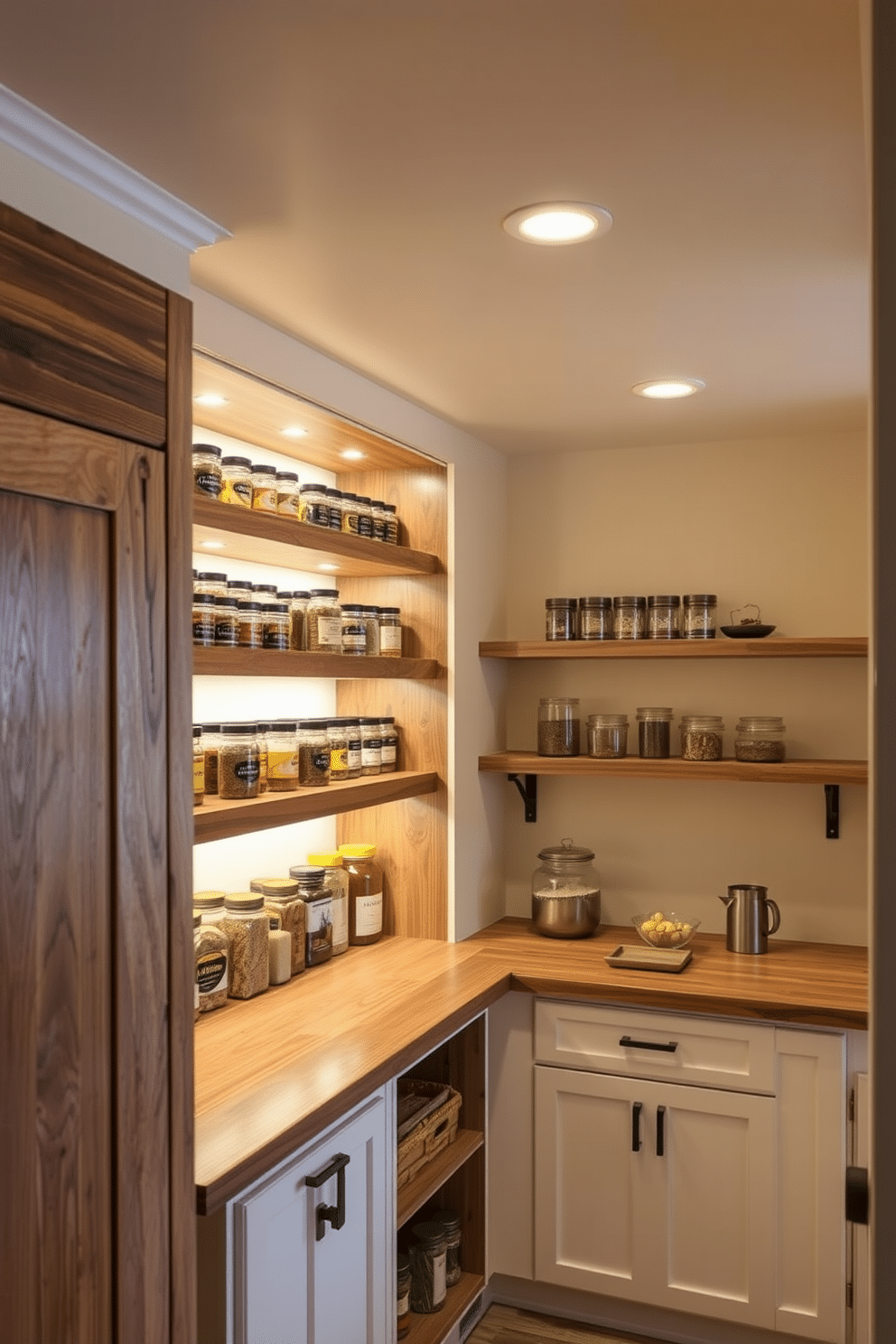 A cozy basement pantry featuring a built-in spice rack that seamlessly integrates into the cabinetry. The shelves are crafted from reclaimed wood, providing a rustic charm, while the walls are painted in a soft cream color to enhance the light in the space. The pantry includes a spacious countertop for food preparation, adorned with decorative jars filled with spices and herbs. Ambient lighting highlights the organized shelves, creating an inviting atmosphere perfect for culinary enthusiasts.