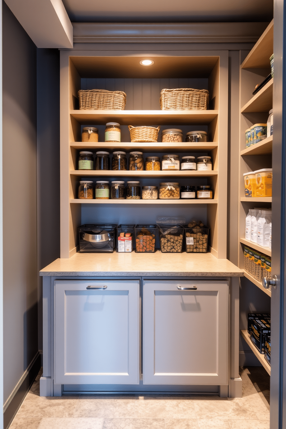 A stylish basement pantry features a combination of open shelving and closed cabinetry, maximizing both storage and aesthetic appeal. The walls are painted in a soft gray, while the flooring consists of durable, easy-to-clean tiles, creating a functional yet inviting space. Open shelves display neatly arranged jars and baskets, offering quick access to frequently used items. Below, closed cabinets with sleek hardware provide hidden storage for bulk supplies, keeping the pantry organized and clutter-free.