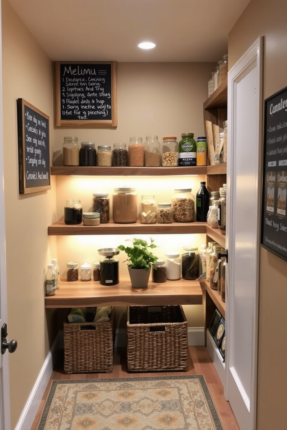 A cozy basement pantry with open shelving made of reclaimed wood, showcasing an array of colorful jars filled with dry goods. Soft, ambient lighting illuminates the space, highlighting decorative elements like a vintage scale and a potted herb plant on the countertop. The walls are painted a warm beige, creating a welcoming atmosphere, while a patterned rug adds texture to the floor. A chalkboard menu hangs on one wall, featuring handwritten notes for meal planning, and a stylish wicker basket sits beneath the shelves for easy storage of snacks.