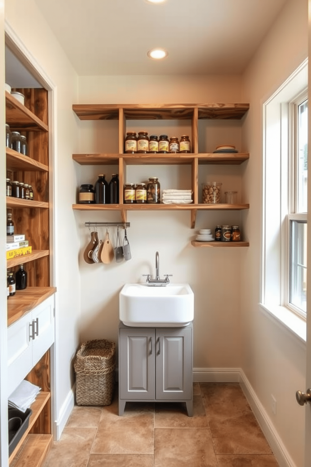 A functional basement pantry featuring a small sink for washing produce. The space is designed with open shelving made of reclaimed wood, providing ample storage for jars and canned goods. The walls are painted a soft cream color to enhance brightness, while the floor is covered with durable, easy-to-clean tile. A large window allows natural light to flood the room, creating an inviting atmosphere for food preparation and storage.