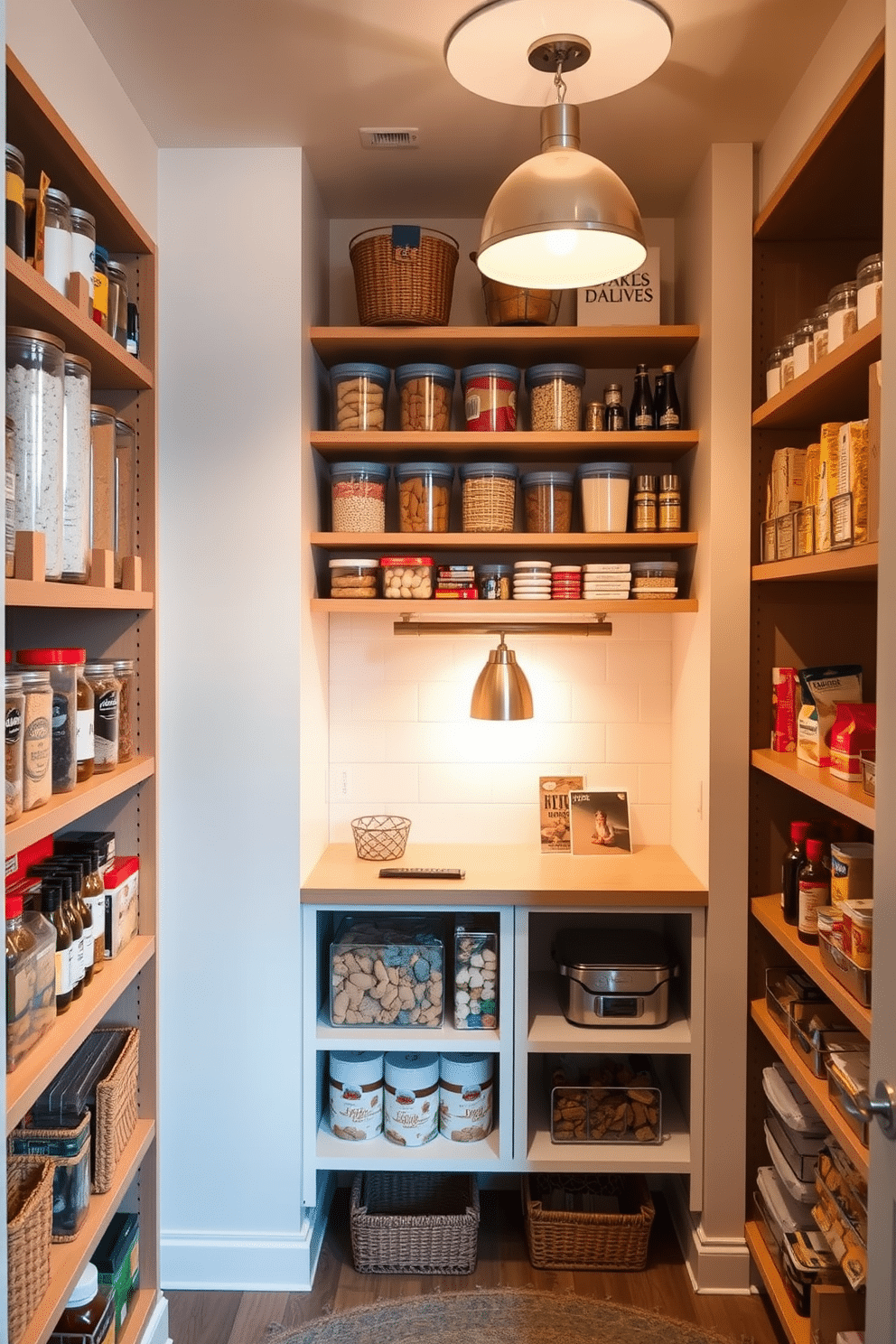 Create a stylish basement pantry that emphasizes organization and accessibility. Incorporate clear containers for visibility, showcasing an array of dry goods, spices, and snacks neatly arranged on open shelving. The walls are painted in a soft, neutral tone to enhance brightness, while warm wooden accents add a touch of elegance. A small countertop area features a chic light fixture above, providing both functionality and a cozy atmosphere for meal prep and storage.