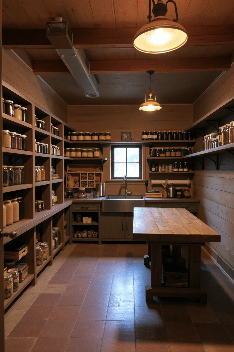 A cozy basement pantry featuring reclaimed wood shelves that showcase an array of jars filled with preserved goods and spices. The walls are adorned with shiplap, creating a warm and inviting atmosphere, while a vintage-style light fixture hangs from the ceiling, illuminating the space. A large reclaimed wood table sits in the center, providing ample workspace for meal prep and organization. The floor is finished with rustic tiles that complement the wood, and a small window allows natural light to filter in, enhancing the earthy aesthetic.