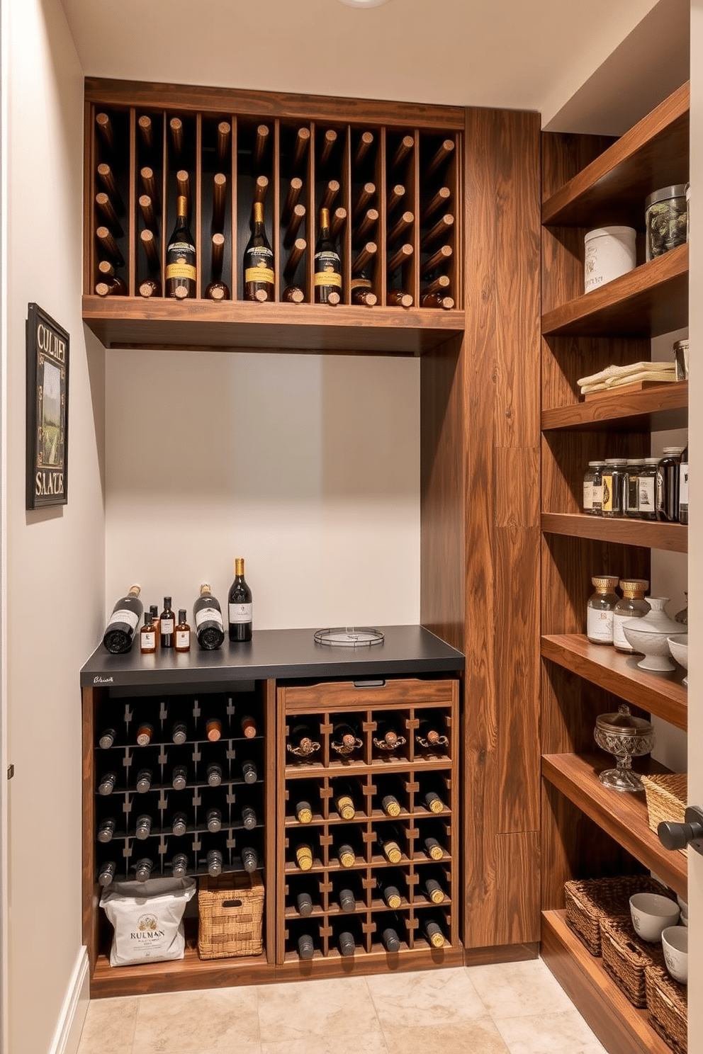 A stylish basement pantry featuring a custom-built wine rack made of reclaimed wood, providing ample storage for an extensive wine collection. The walls are painted in a soft cream color, complemented by open shelving made of dark wood, displaying jars of preserved goods and decorative kitchenware.