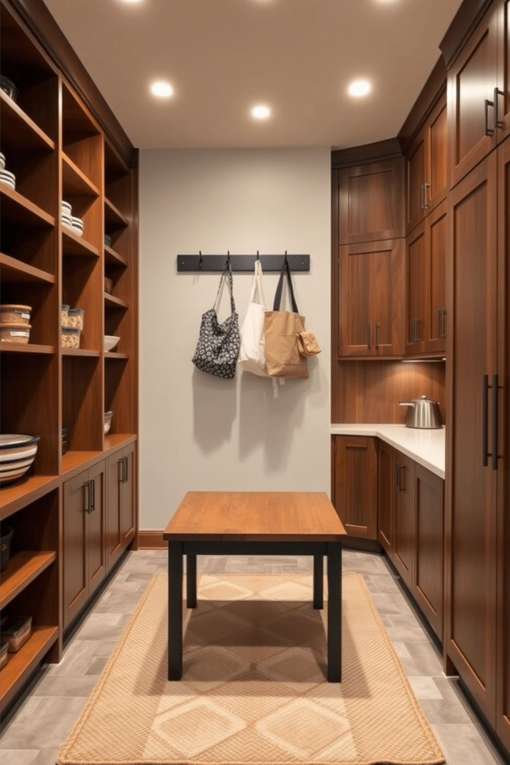 A functional basement pantry featuring a combination of open shelving and closed cabinetry for optimal storage. Hooks for bags and aprons are mounted on the wall near the entrance, providing easy access and organization. The space is illuminated by warm, recessed lighting that highlights the rich wood tones of the cabinetry. A small, rustic table sits in the center, ideal for meal prep or additional storage, complemented by a textured area rug for warmth.