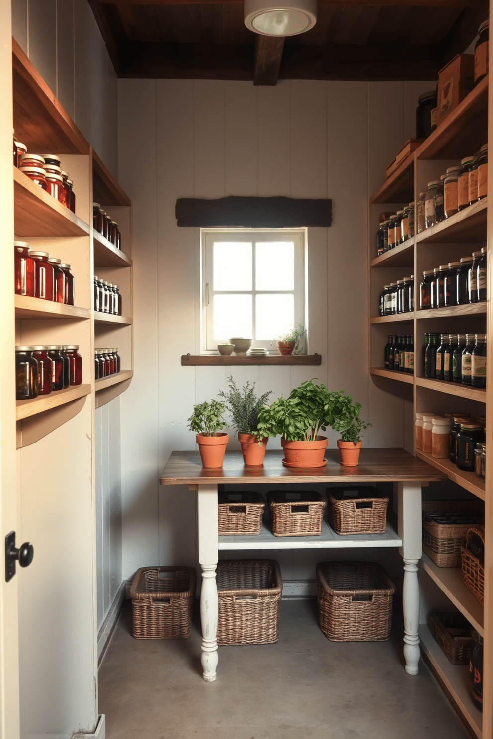 A cozy farmhouse pantry with rustic wooden shelves filled with jars of homemade preserves and spices. The walls are painted in a soft, creamy white, and a vintage farmhouse table sits in the center, adorned with fresh herbs in terracotta pots. Natural light pours in through a small window, illuminating the space with a warm glow. Woven baskets are neatly arranged on the lower shelves, adding both storage and charm to the inviting atmosphere.