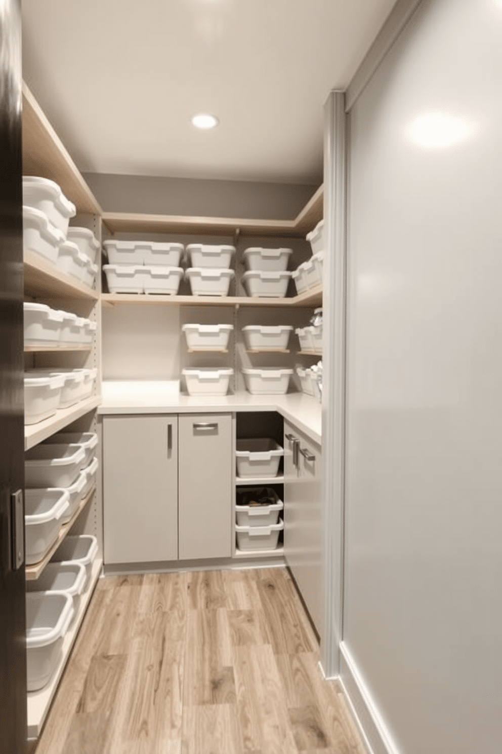 A modern basement pantry featuring stackable bins for efficient space-saving. The walls are painted a light gray, and the floor is covered with durable vinyl planks for easy maintenance. The pantry includes open shelving filled with neatly organized stackable bins in various sizes. A small countertop area provides additional workspace, complemented by under-cabinet lighting for a bright, inviting atmosphere.