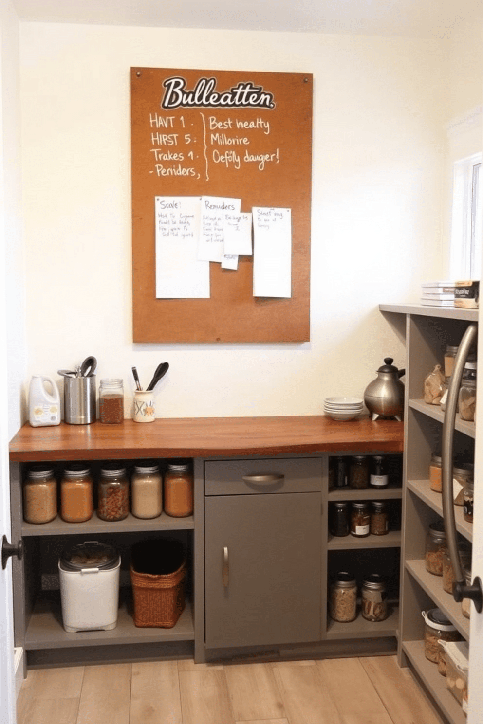 A stylish basement pantry featuring a large bulletin board for reminders, mounted on the wall above a rustic wooden countertop. The pantry is organized with open shelving filled with jars of dry goods, and the walls are painted in a soft cream color to enhance the bright, airy feel.