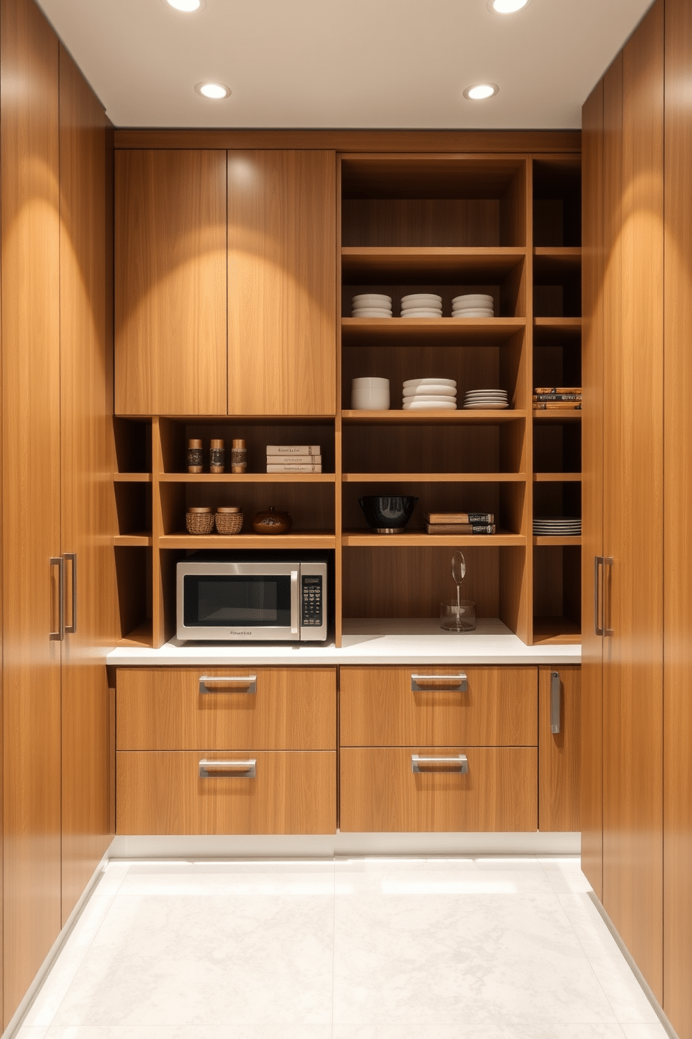 A modern basement pantry featuring sleek cabinetry with a warm wood finish, providing ample storage space for kitchen essentials. A countertop microwave is seamlessly integrated into the design, offering convenience and functionality while maintaining a clean aesthetic. The pantry is illuminated by soft, recessed lighting that highlights the organized shelves and the minimalist decor. A small, stylish countertop area beside the microwave serves as a practical workspace for meal prep and quick snacks.