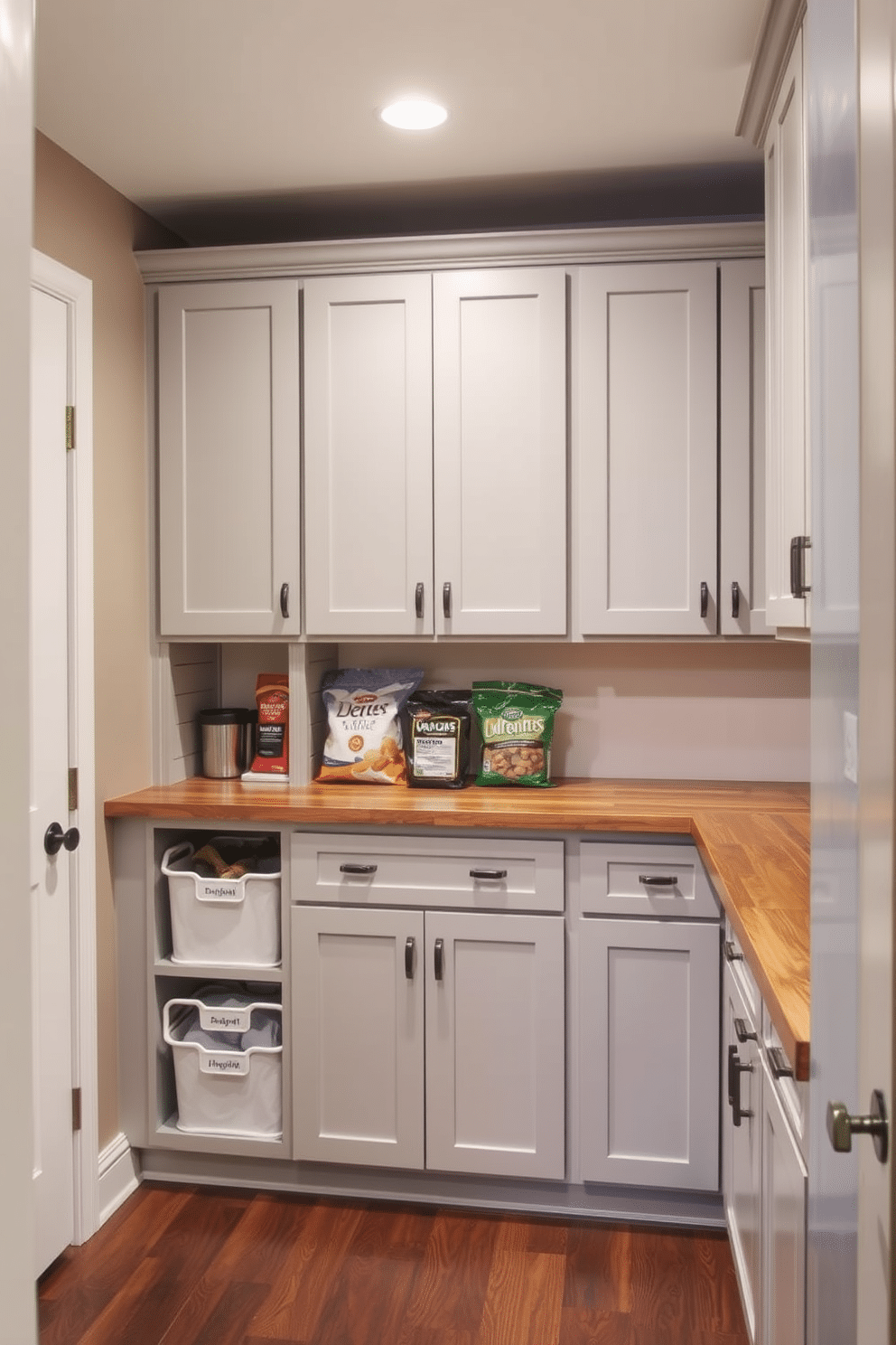 A stylish basement pantry designed for pet food storage features custom cabinetry with a dedicated section for pet supplies. The cabinetry is painted in a soft gray, complemented by a rustic wood countertop that provides a functional workspace. Incorporated into the design are labeled bins for dry food and treats, ensuring easy access and organization. The pantry is well-lit with recessed lighting, enhancing the warm ambiance of the space while maintaining a clean and clutter-free environment.