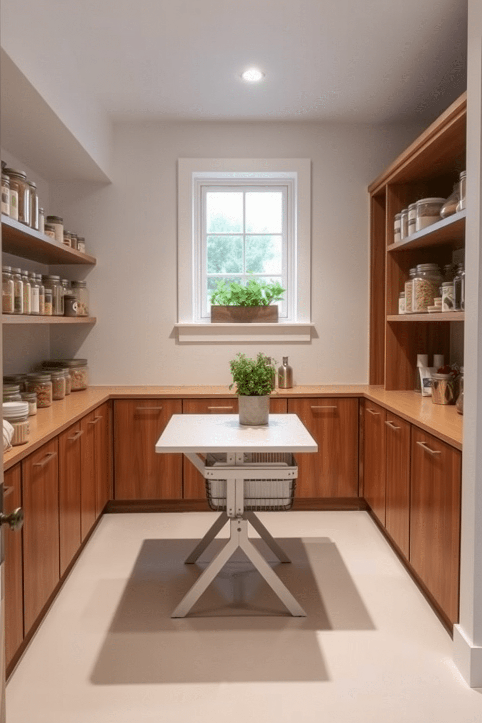 A stylish basement pantry featuring a fold-down table that provides extra workspace when needed. The walls are painted in a soft white, complementing the warm wood tones of the cabinetry and the sleek, modern design of the table. Organized shelves line the walls, holding a variety of jars and containers filled with dry goods, while a small herb garden sits on the windowsill. Ambient lighting highlights the functional yet inviting atmosphere, making it a perfect blend of practicality and aesthetics.