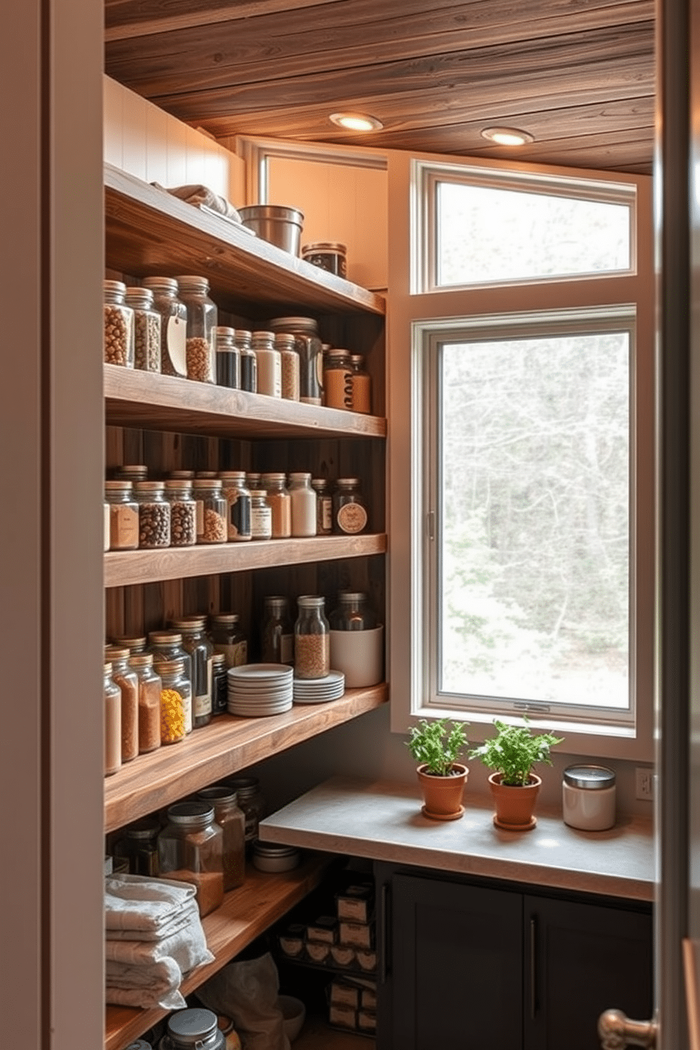 A cozy basement pantry featuring open shelving made of reclaimed wood, showcasing an array of jars filled with dry goods and spices. A large window allows natural light to flood the space, illuminating the warm tones of the wood and the organized contents within. The pantry includes a small countertop for meal prep, adorned with fresh herbs in terracotta pots. Soft, ambient lighting complements the natural light, creating an inviting atmosphere for culinary creativity.