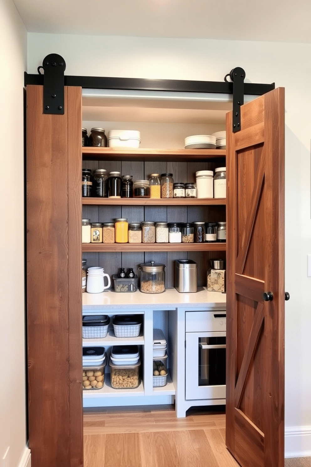 A stylish basement pantry featuring a sliding barn door entrance that adds rustic charm. Inside, open shelving made of reclaimed wood displays a variety of jars and containers, while a small countertop provides space for meal prep and organization.