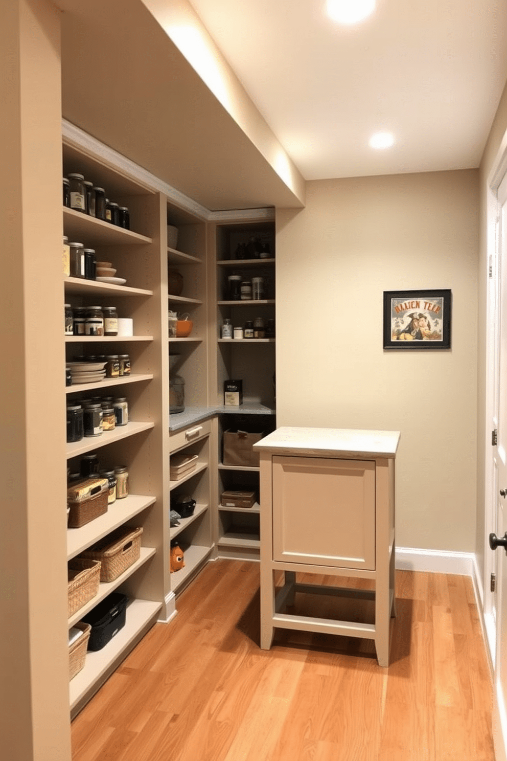 A cozy basement pantry with a small countertop for prep work. The walls are painted in a soft, warm beige, and the flooring is a durable wood laminate that complements the overall design. The pantry features open shelving for easy access to jars and canned goods, while a small, stylish island provides additional workspace. Ambient lighting illuminates the space, creating an inviting atmosphere perfect for meal preparation and storage.