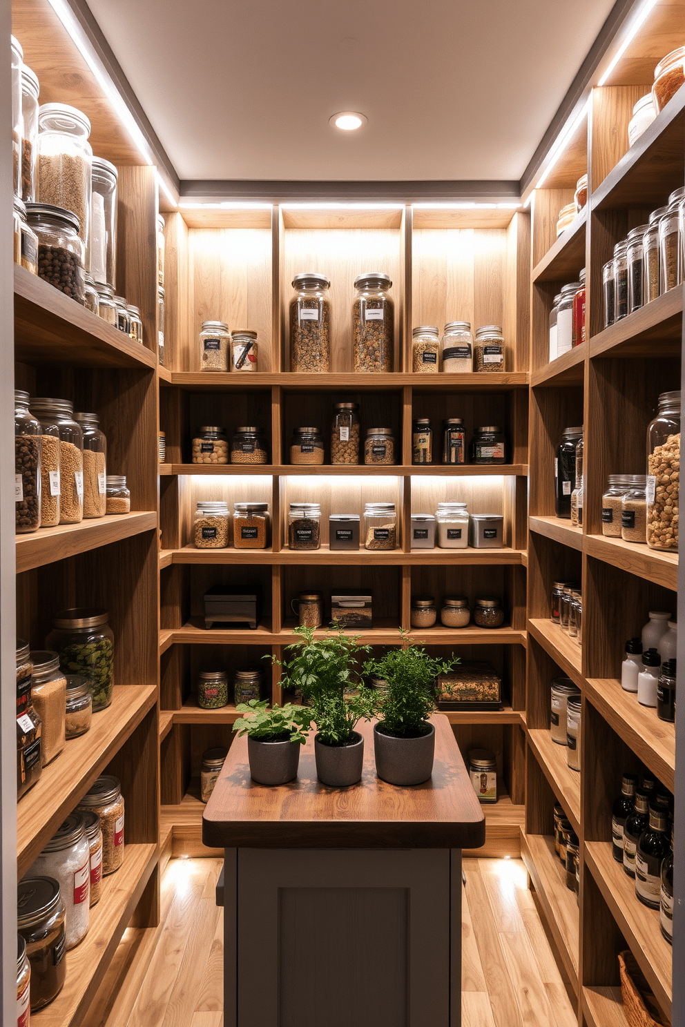 A stylish basement pantry featuring tall shelves that maximize vertical space, creating an organized and efficient storage solution. The shelves are crafted from reclaimed wood, adding warmth to the space, while clear glass jars and labeled containers keep ingredients easily accessible and visually appealing. The pantry is illuminated by soft LED strip lighting along the shelves, highlighting the contents and enhancing the overall ambiance. A small island in the center provides additional workspace, adorned with fresh herbs in pots for a touch of greenery.