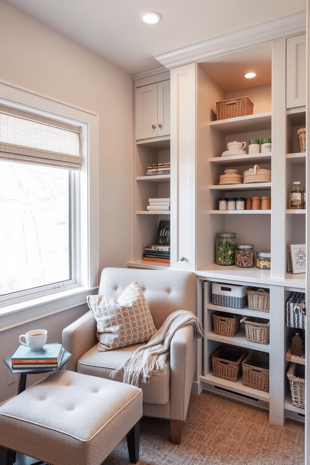 A cozy reading nook corner with a plush armchair upholstered in soft, textured fabric, positioned beside a large window that lets in natural light. A small side table holds a steaming cup of tea and a stack of well-loved books, while a warm throw blanket is draped over the armchair. A basement pantry designed for optimal organization and functionality, featuring custom shelving units that maximize vertical space. The walls are painted a light, airy color, and a small countertop area is equipped with storage baskets and jars for easy access to dry goods.