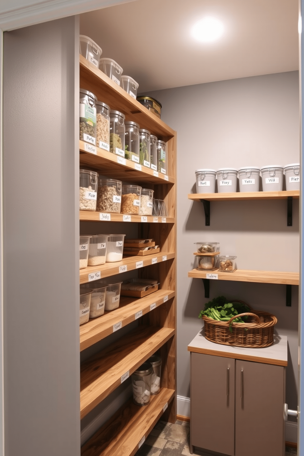 A stylish basement pantry with labeled shelves for quick identification. The shelves are made of reclaimed wood, neatly arranged with clear containers for dry goods and labeled for easy access. The walls are painted a soft gray, creating a calm atmosphere, while a bright overhead light illuminates the space. A small countertop area features a basket for fresh produce, enhancing both functionality and aesthetics.