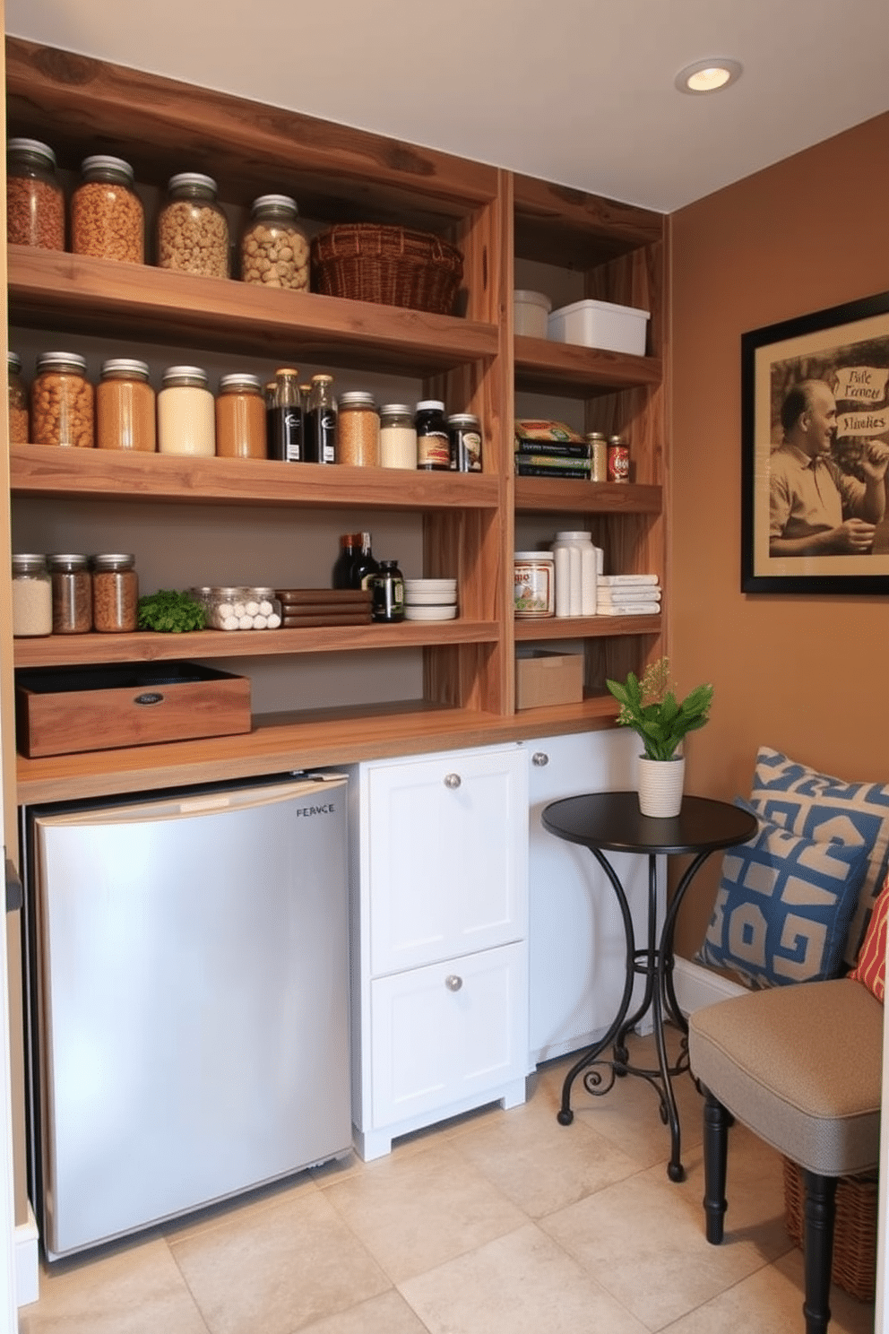 A stylish basement pantry featuring a sleek mini fridge for added convenience. The space is designed with open shelving made of reclaimed wood, displaying jars of dry goods and fresh produce. Incorporate a cozy seating area with a small bistro table, perfect for enjoying snacks or drinks. The walls are painted a warm, inviting color, and the floor is finished with durable, easy-to-clean tiles.