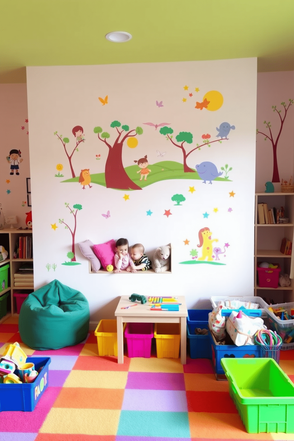 A vibrant playroom filled with colorful wall decals depicting whimsical characters and scenes. The walls are painted in a soft pastel hue to enhance the playful atmosphere, while a cozy reading nook with bean bags invites relaxation. The flooring features a durable, soft carpet in bright colors, perfect for playtime activities. A variety of toys are neatly organized in colorful bins, and a small table with art supplies encourages creativity and fun.