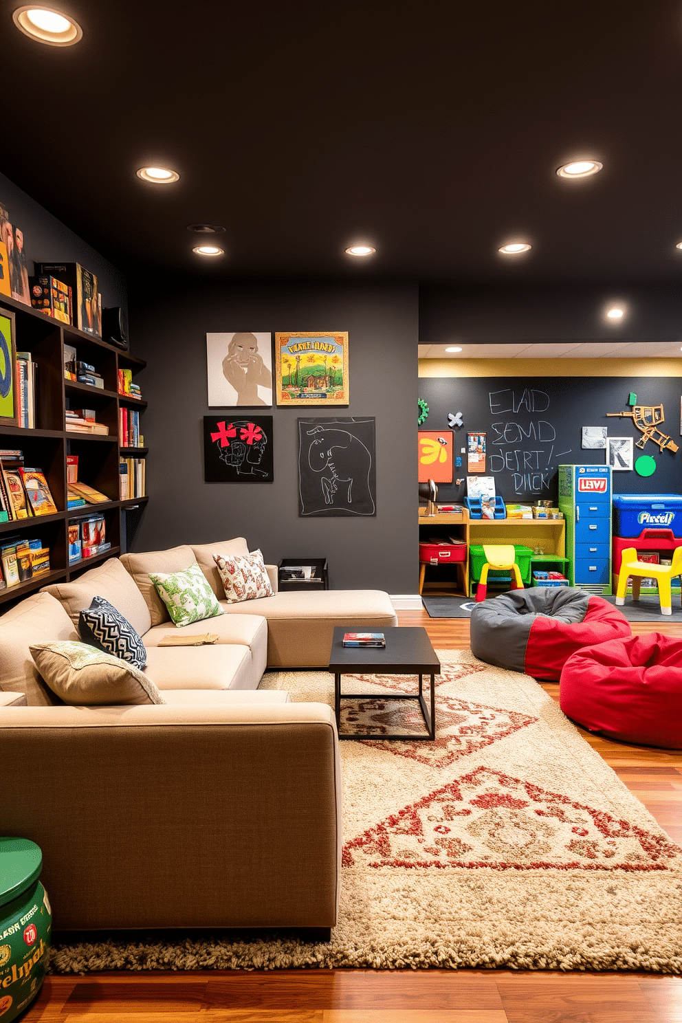 A cozy puzzle and game corner features a low, comfortable sectional sofa upholstered in a soft, durable fabric, perfect for family game nights. The walls are adorned with colorful artwork, and a large, plush area rug anchors the space, providing a warm and inviting atmosphere. Shelves filled with board games and puzzles line one wall, showcasing a variety of options for all ages. A small coffee table sits in the center, surrounded by bean bag chairs, creating a playful yet functional area for relaxation and entertainment. In the basement playroom, bright, cheerful colors dominate the design, with playful accents that inspire creativity and fun. A chalkboard wall invites artistic expression, while soft lighting ensures the space feels welcoming and safe for children.