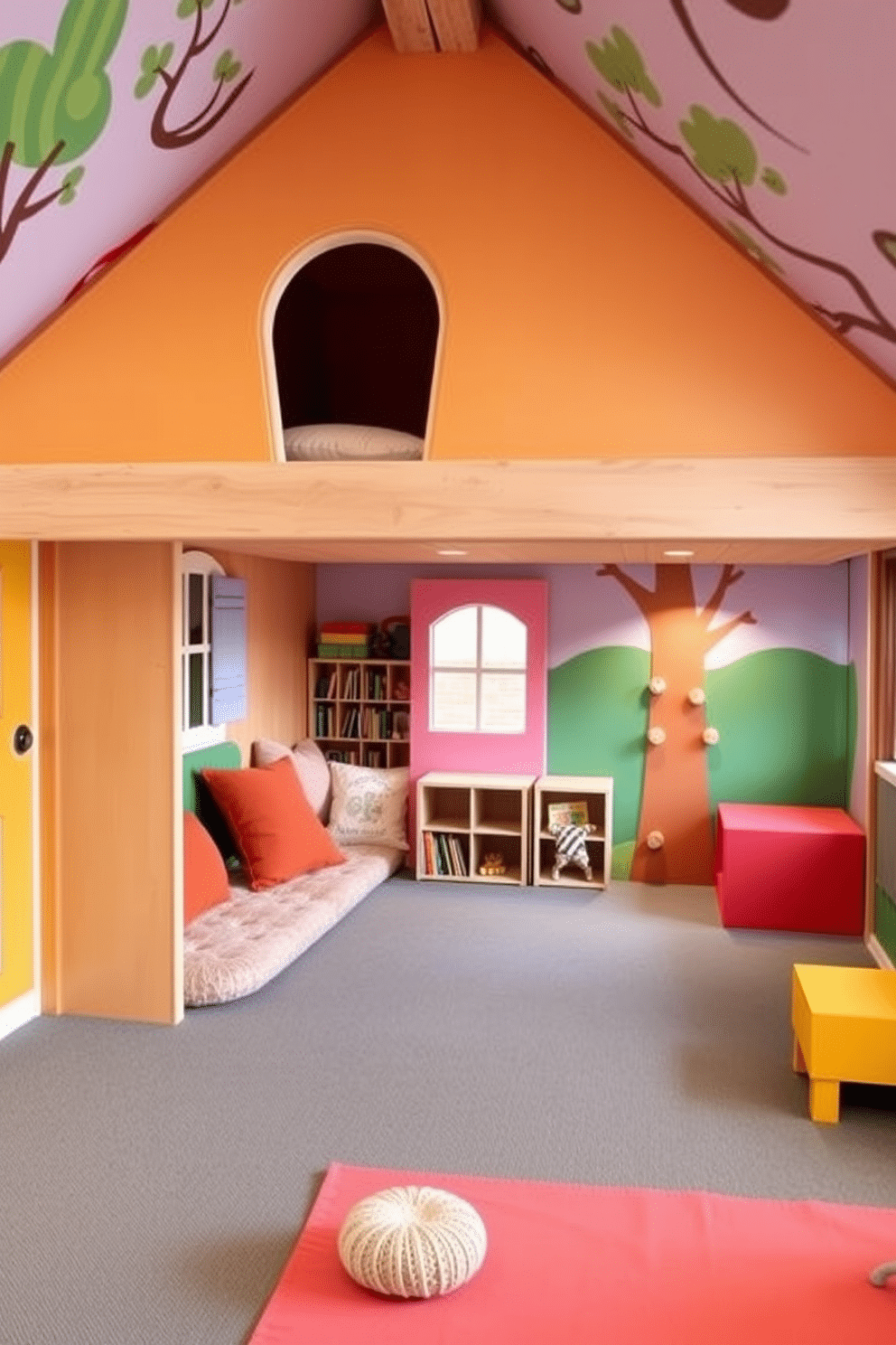 A whimsical indoor playhouse designed for imaginative play features bright, colorful walls adorned with playful murals of trees and animals. Inside, there are cozy nooks filled with plush cushions and a small reading corner with shelves of children's books. The basement playroom is designed with a versatile layout that includes a soft play area with foam mats and a climbing wall for active play. A dedicated arts and crafts zone is equipped with a large table, storage for supplies, and walls that can be easily wiped clean for creative fun.