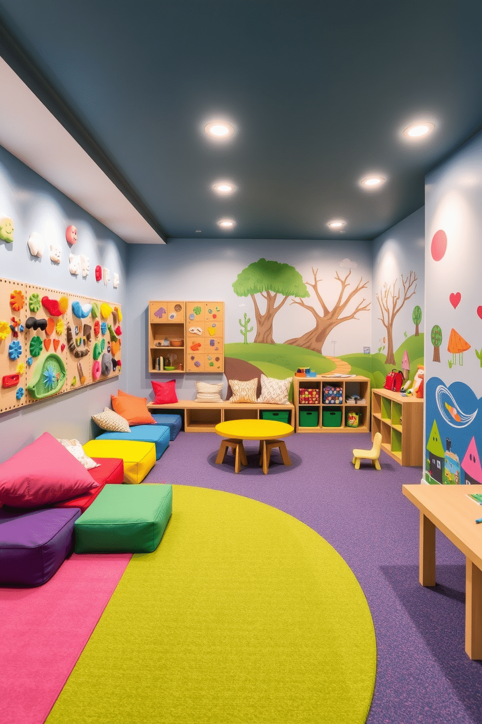 A vibrant sensory play area designed for children, featuring a variety of textures and colors to stimulate creativity and engagement. The space includes soft, colorful mats, wall-mounted sensory panels, and a cozy reading nook filled with plush cushions. In the basement playroom, bright murals adorn the walls, depicting whimsical scenes that inspire imagination. The layout incorporates a mix of interactive toys, a mini climbing wall, and a dedicated art station with ample storage for supplies.