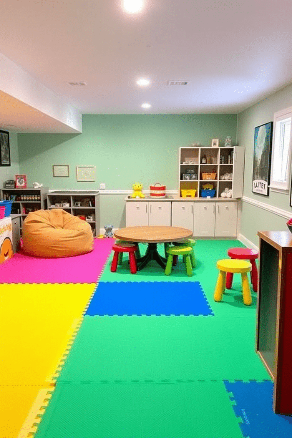 A vibrant basement playroom featuring cushioned floor mats in cheerful colors for safety and comfort. The space is filled with playful furniture, including a large bean bag chair and a low table surrounded by colorful stools, creating an inviting area for children to play and relax.