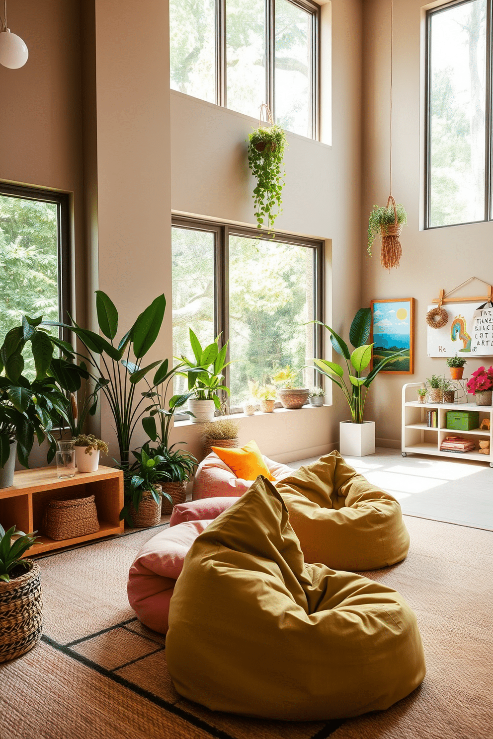 A serene nature-inspired decor featuring soft earth tones and organic materials. Large windows allow natural light to flood the space, showcasing indoor plants that bring the outdoors in. A vibrant basement playroom designed for creativity and fun. Brightly colored furniture and playful wall art create an inviting atmosphere, while a cozy reading nook with bean bags encourages relaxation and imagination.