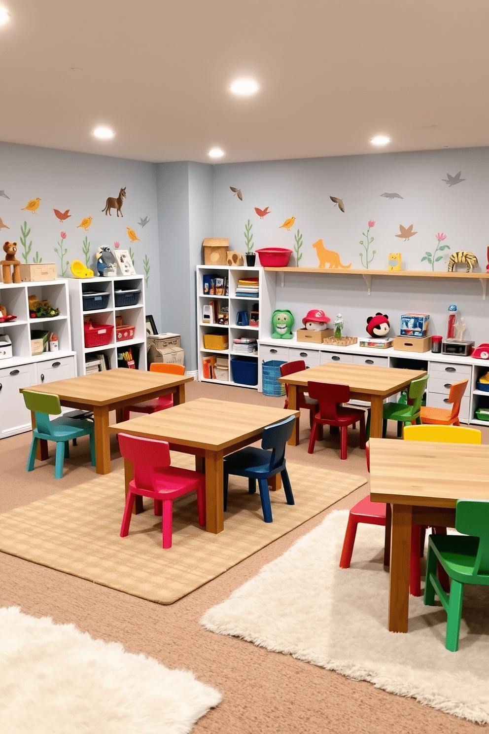 A cozy basement playroom features multi-functional tables designed for crafts and games, perfect for family activities. The tables are made of durable wood with a smooth finish, surrounded by colorful chairs that invite creativity and fun. The walls are painted in a cheerful shade of light blue, adorned with playful wall decals of animals and nature. Soft, plush rugs cover the floor, providing a comfortable area for children to sit and play, while shelves filled with toys and art supplies keep the space organized.