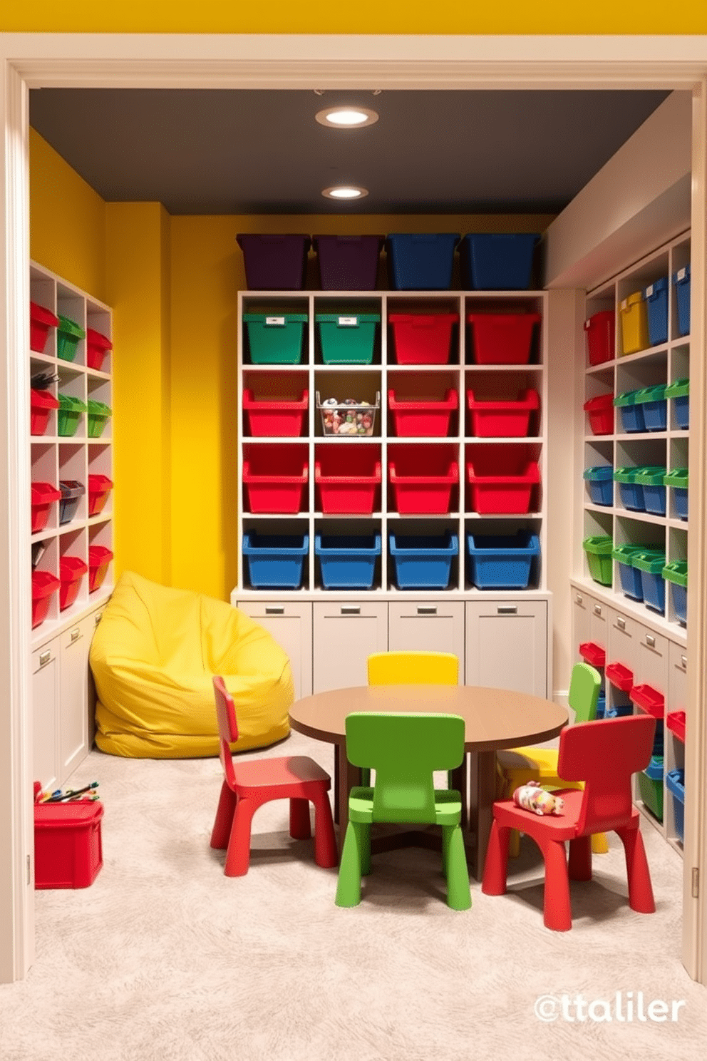 A vibrant basement playroom filled with colorful bins for easy toy organization. The walls are painted in a cheerful yellow, and the flooring features soft, plush carpeting in a light gray shade. In one corner, a large, cozy bean bag chair invites relaxation, while a low table is surrounded by child-sized chairs in various bright colors. The shelves are lined with neatly organized bins in red, blue, and green, making it easy for kids to access and store their toys.