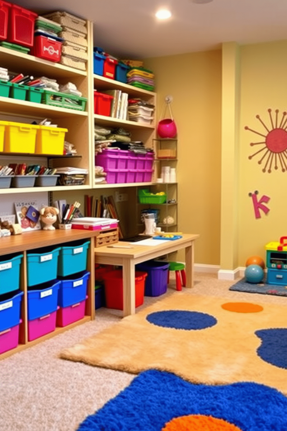 A cozy craft corner filled with easy-access supplies. Shelves lined with colorful bins hold various materials, while a sturdy table provides ample workspace for creativity. A vibrant basement playroom designed for fun and imagination. Soft, plush rugs cover the floor, and bright wall art adds a playful touch, creating an inviting atmosphere for children to explore.