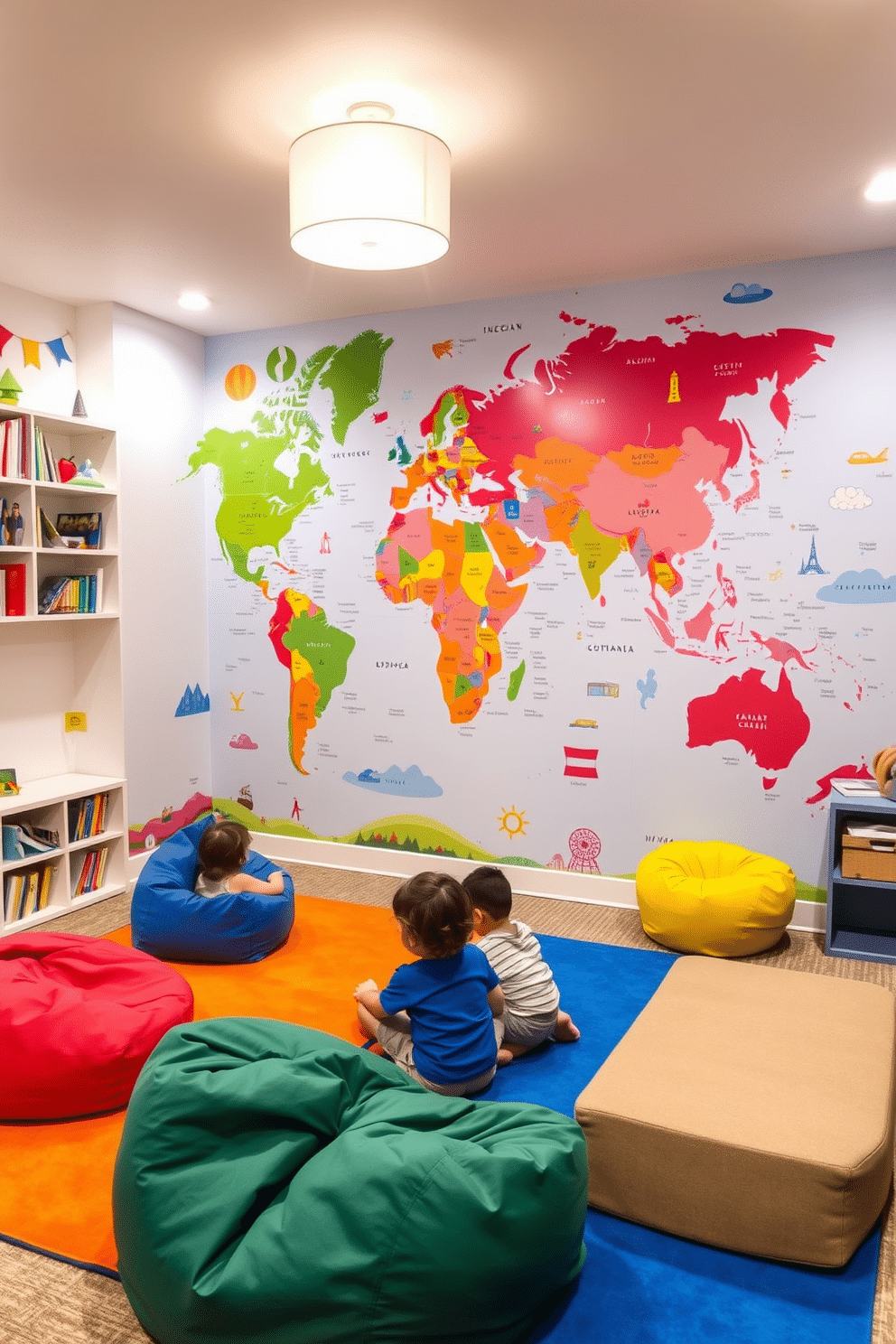 A vibrant interactive map mural covers one wall, featuring colorful illustrations of various countries and landmarks. The mural is paired with a large, soft area rug in bright colors, creating a playful atmosphere for children to explore and learn. The basement playroom is designed with modular furniture that can be easily rearranged, including bean bags and low tables for games and crafts. Soft lighting fixtures and wall-mounted shelves filled with books and toys enhance the inviting and functional space.